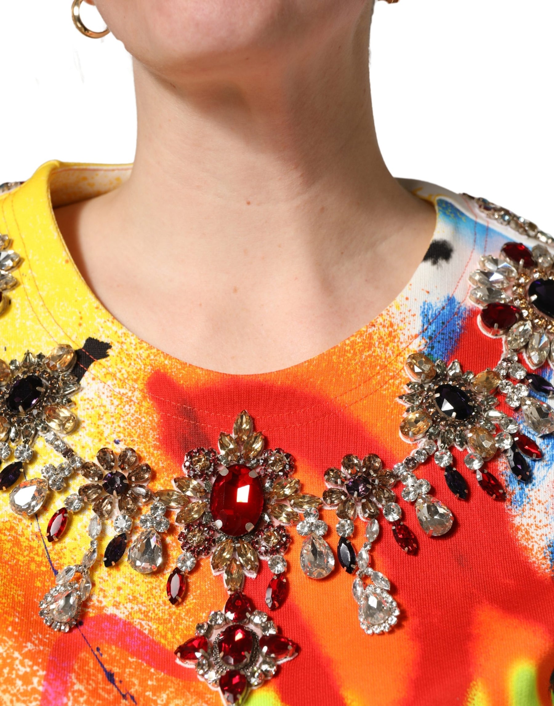 Dolce & Gabbana Multicolor Graffiti Crystals Crop Jersey Top | Regal Royce