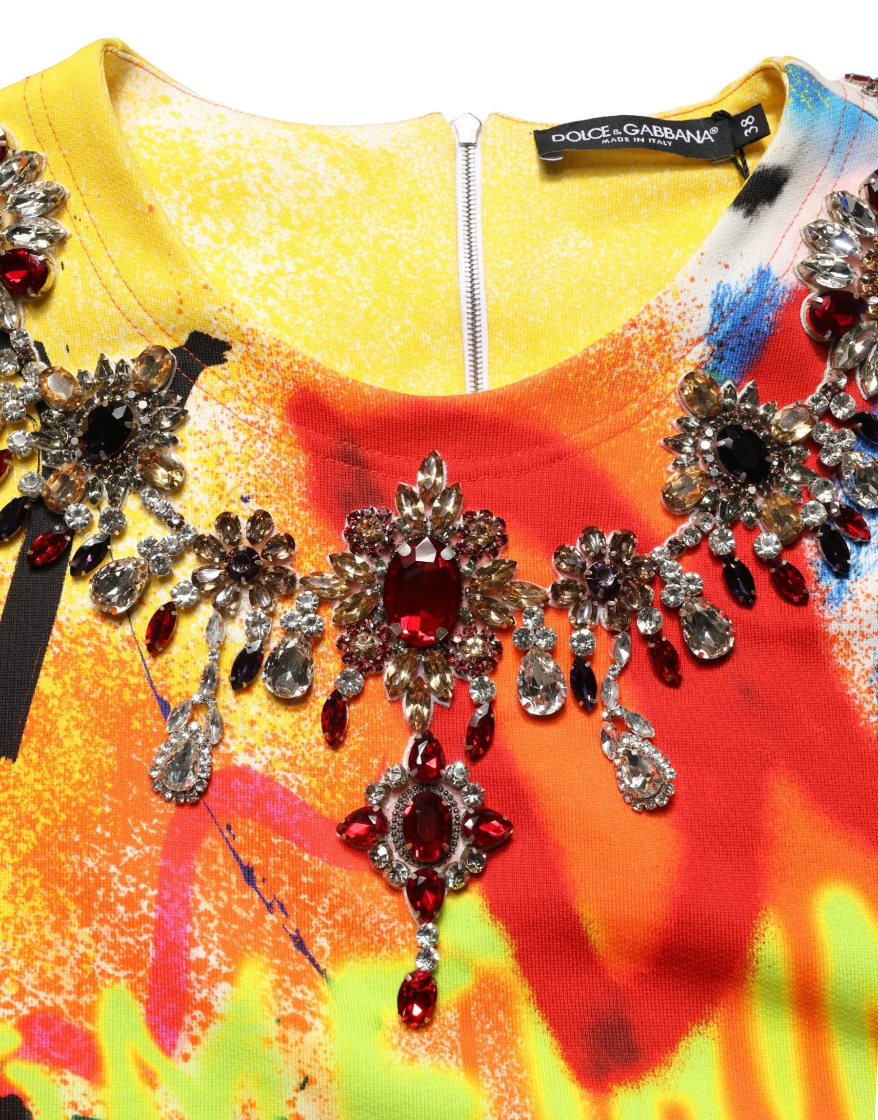 Dolce & Gabbana Multicolor Graffiti Crystals Crop Jersey Top | Regal Royce