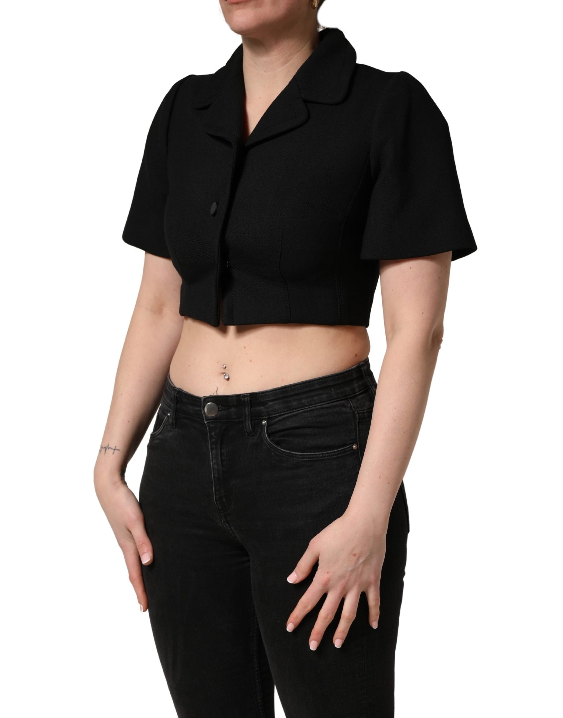 Dolce & Gabbana Black Collared Short Sleeves Cropped Blouse Top | Regal Royce