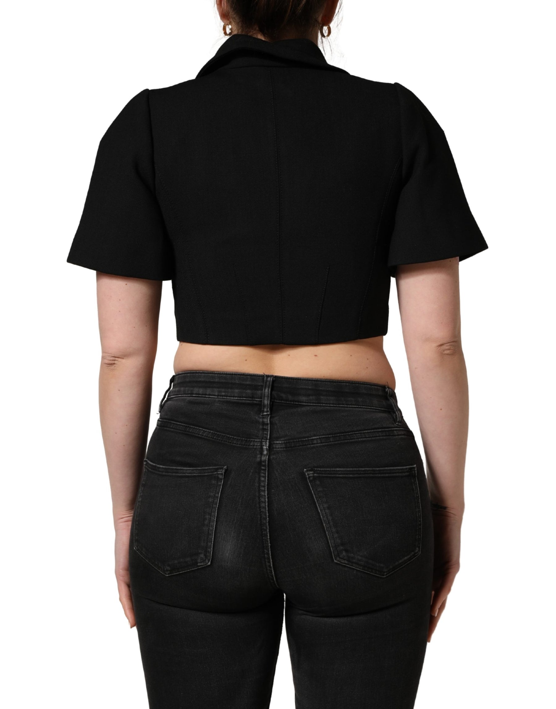 Dolce & Gabbana Black Collared Short Sleeves Cropped Blouse Top | Regal Royce