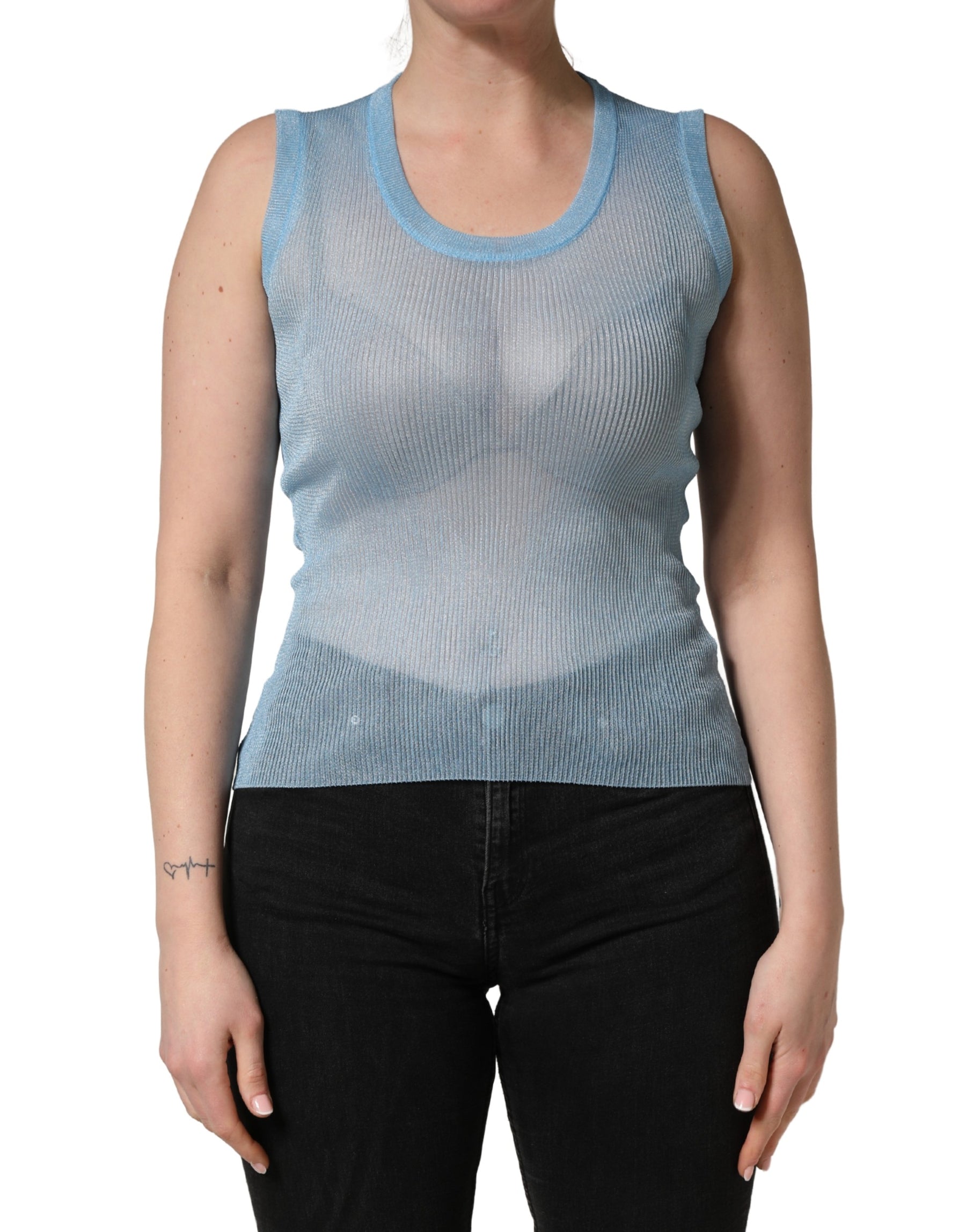 Dolce & Gabbana Blue Semi Sheer Ribbed Sleeveless Tank Top | Regal Royce