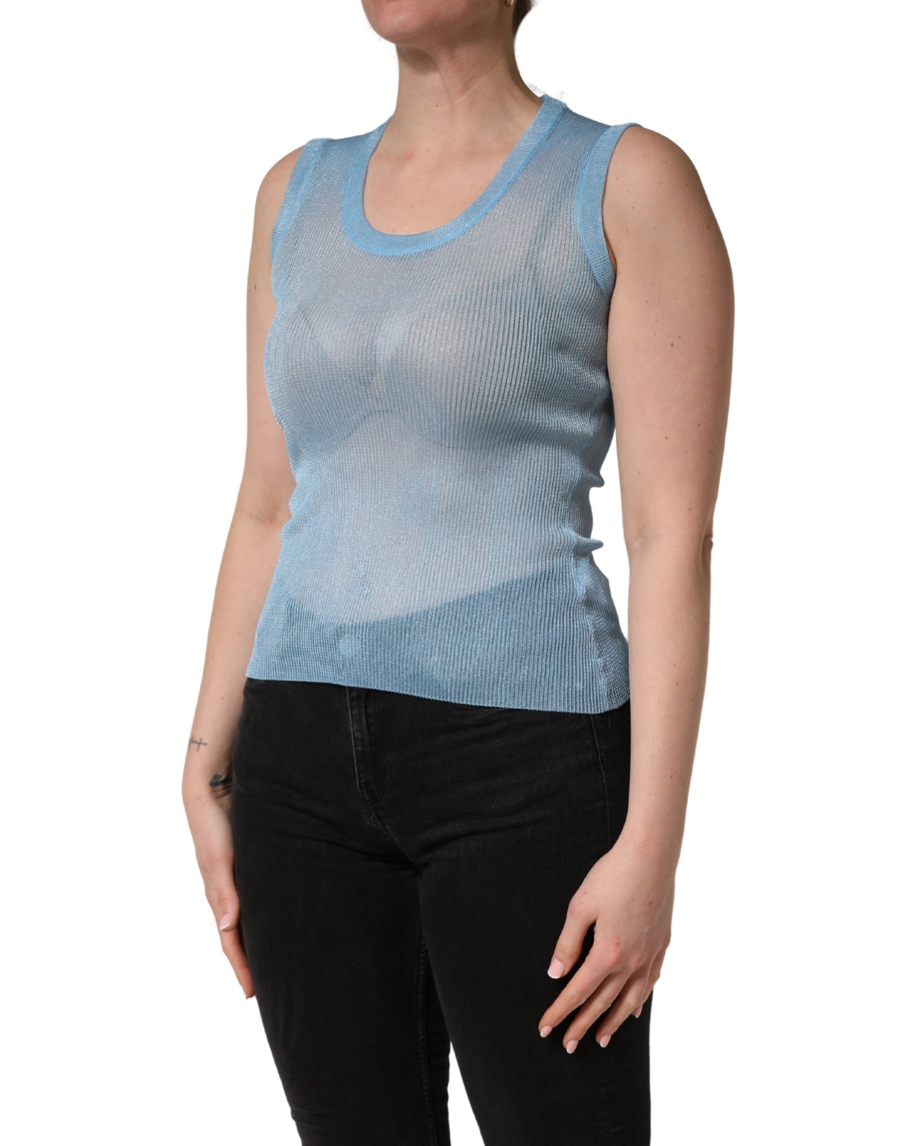 Dolce & Gabbana Blue Semi Sheer Ribbed Sleeveless Tank Top | Regal Royce