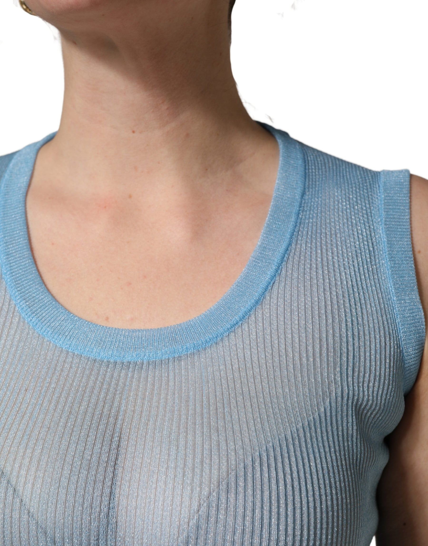 Dolce & Gabbana Blue Semi Sheer Ribbed Sleeveless Tank Top | Regal Royce