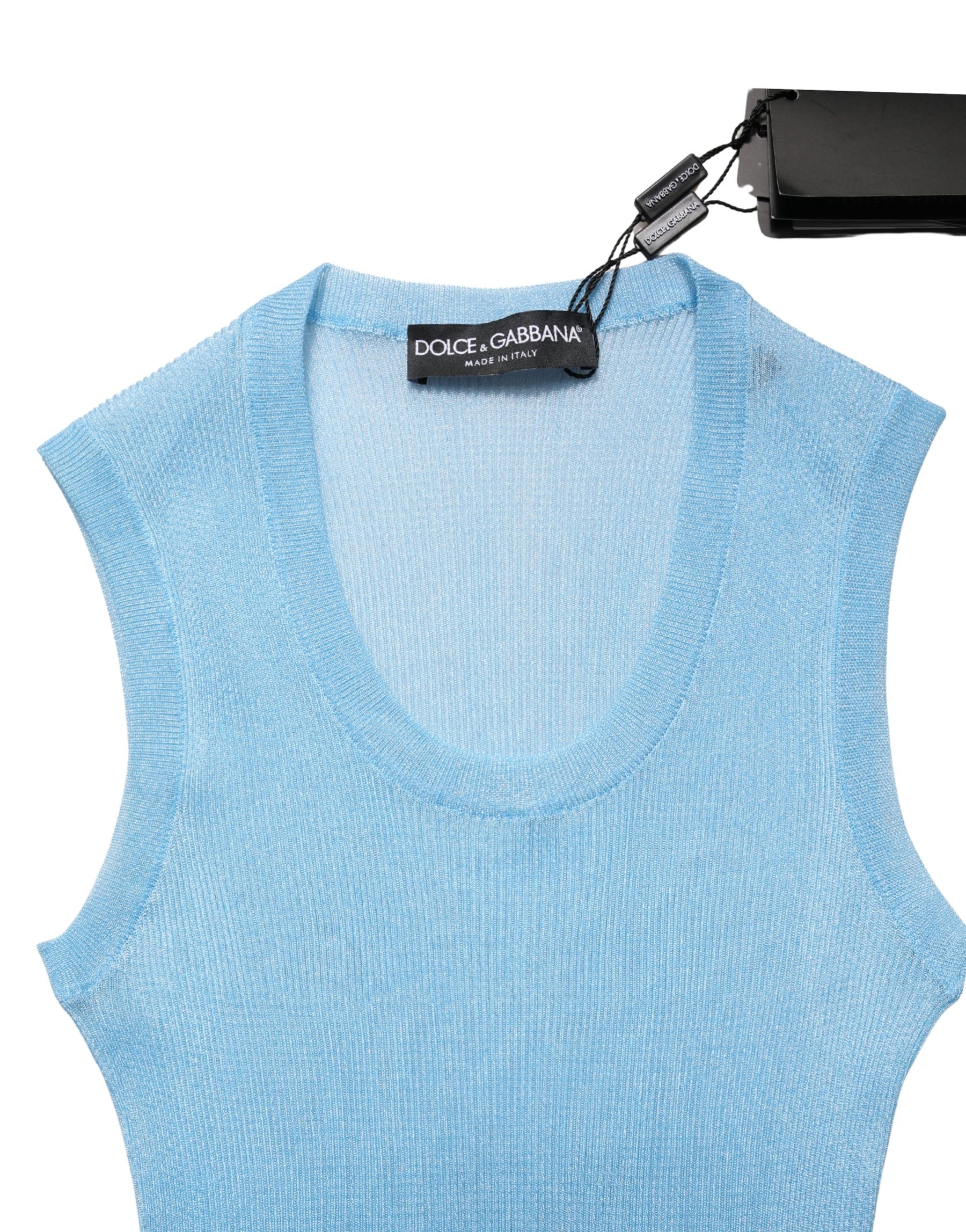 Dolce & Gabbana Blue Semi Sheer Ribbed Sleeveless Tank Top | Regal Royce