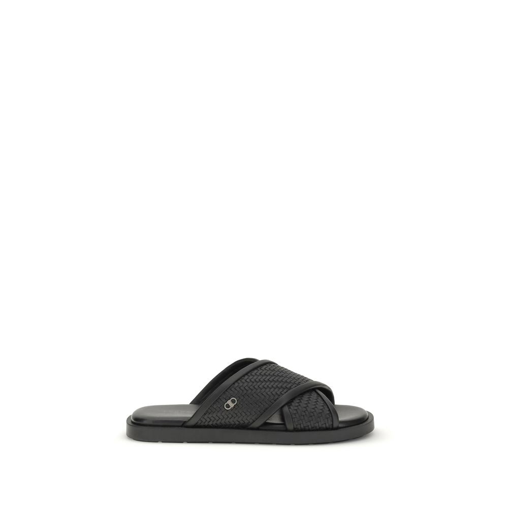 Ferragamo Black Calf Leather Bos Taurus Flat Sandals | Regal Royce