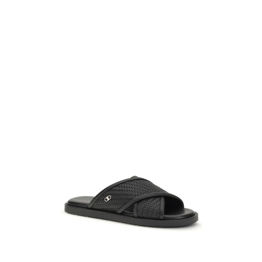 Ferragamo Black Calf Leather Bos Taurus Flat Sandals | Regal Royce