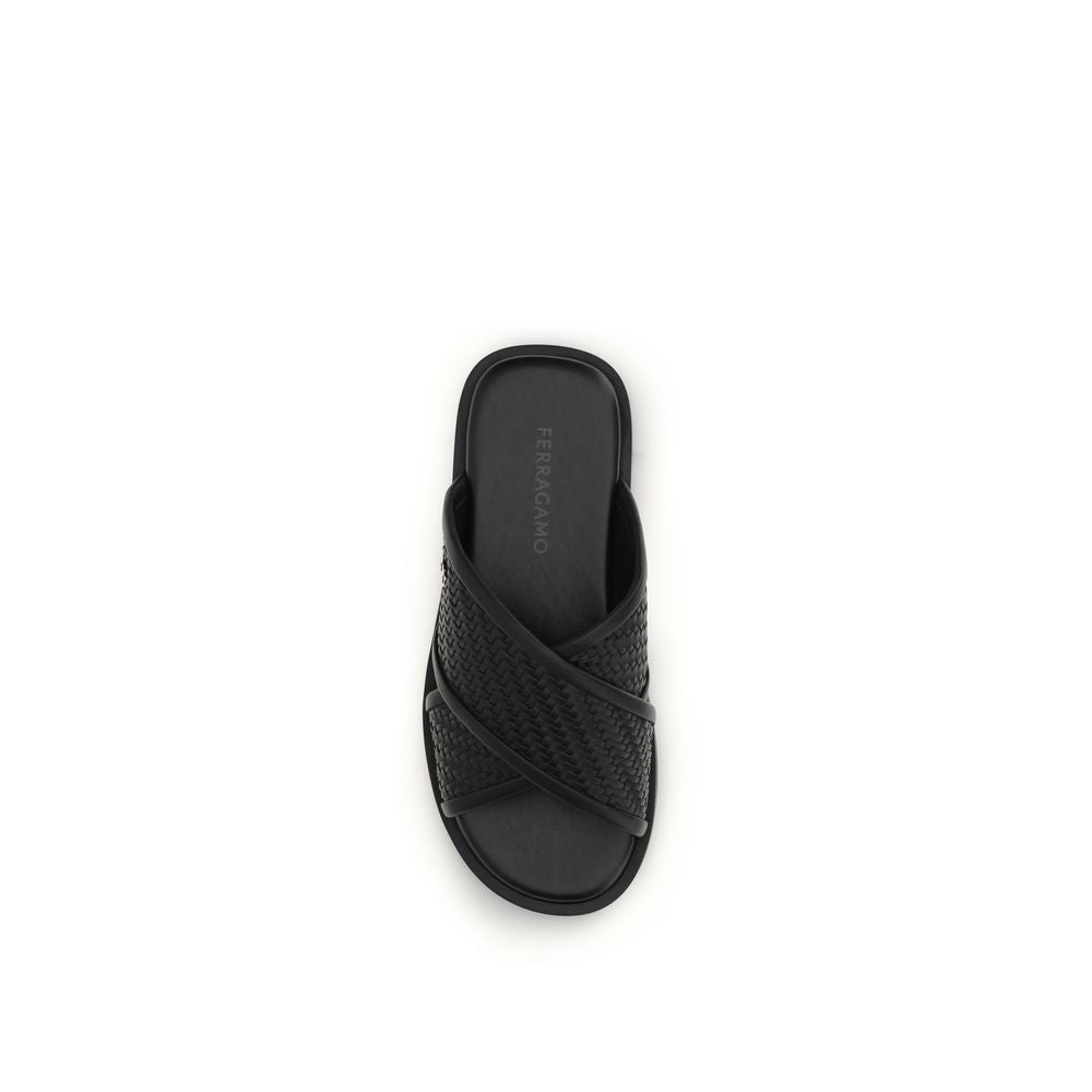Ferragamo Black Calf Leather Bos Taurus Flat Sandals | Regal Royce