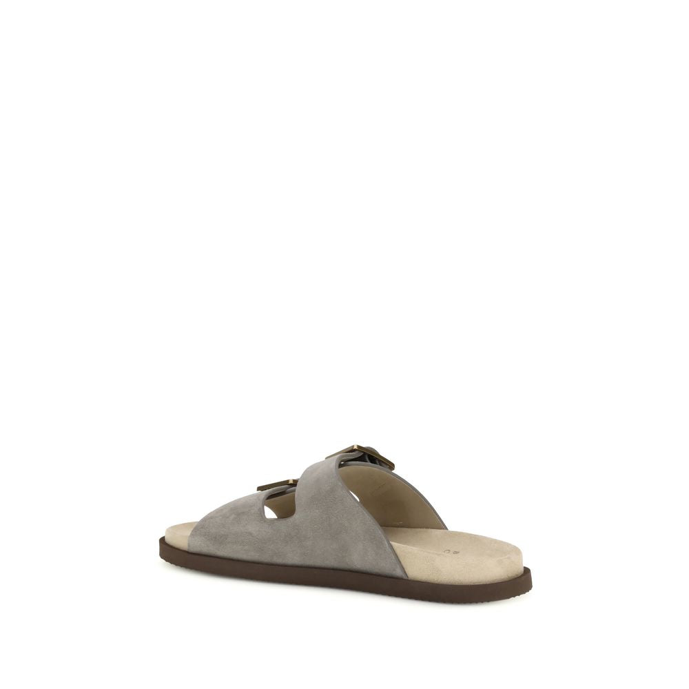Brunello Cucinelli Gray Calf Leather Bos Taurus Sandals | Regal Royce