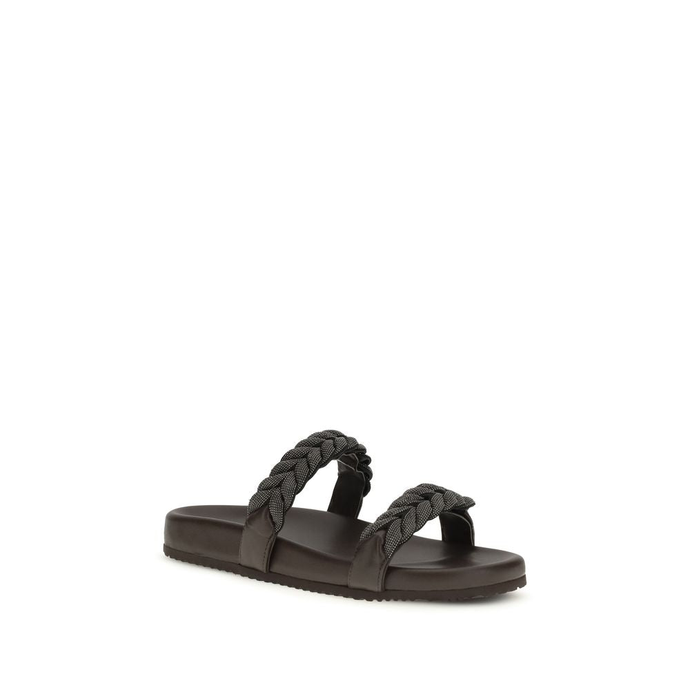 Brunello Cucinelli Brown Calf Leather Bos Taurus Flat Sandals | Regal Royce