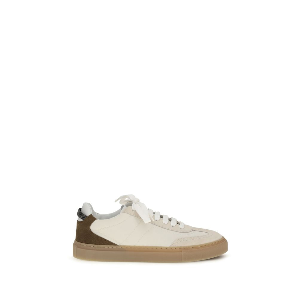 Brunello Cucinelli Beige Calf Leather Bos Taurus Low Top Sneakers | Regal Royce