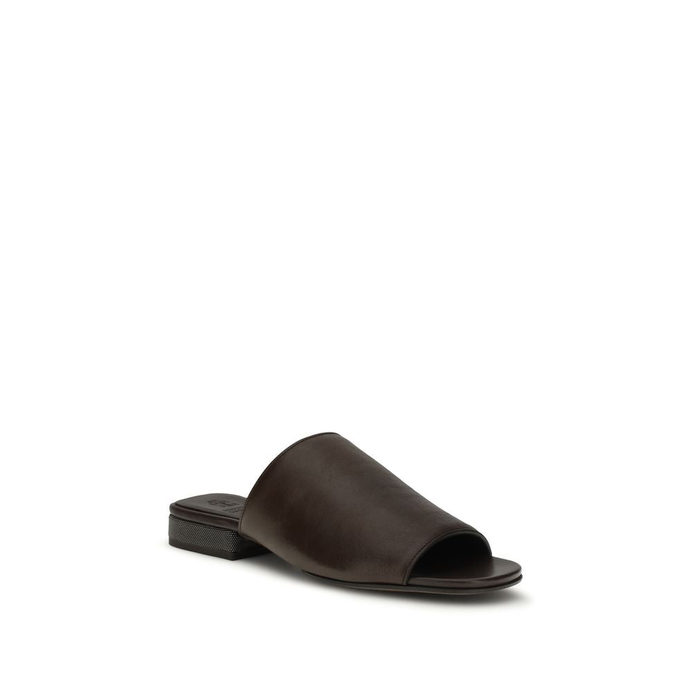 Brunello Cucinelli Brown Calf Leather Bos Taurus Slides | Regal Royce