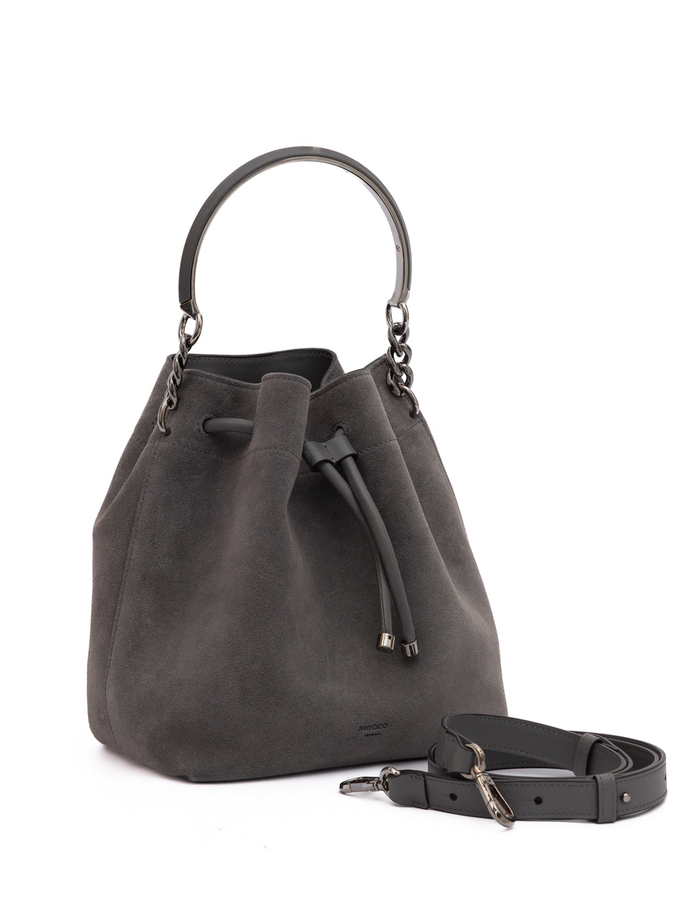 Jimmy Choo Dark Grey Bon Bon Suede Bucket | Regal Royce