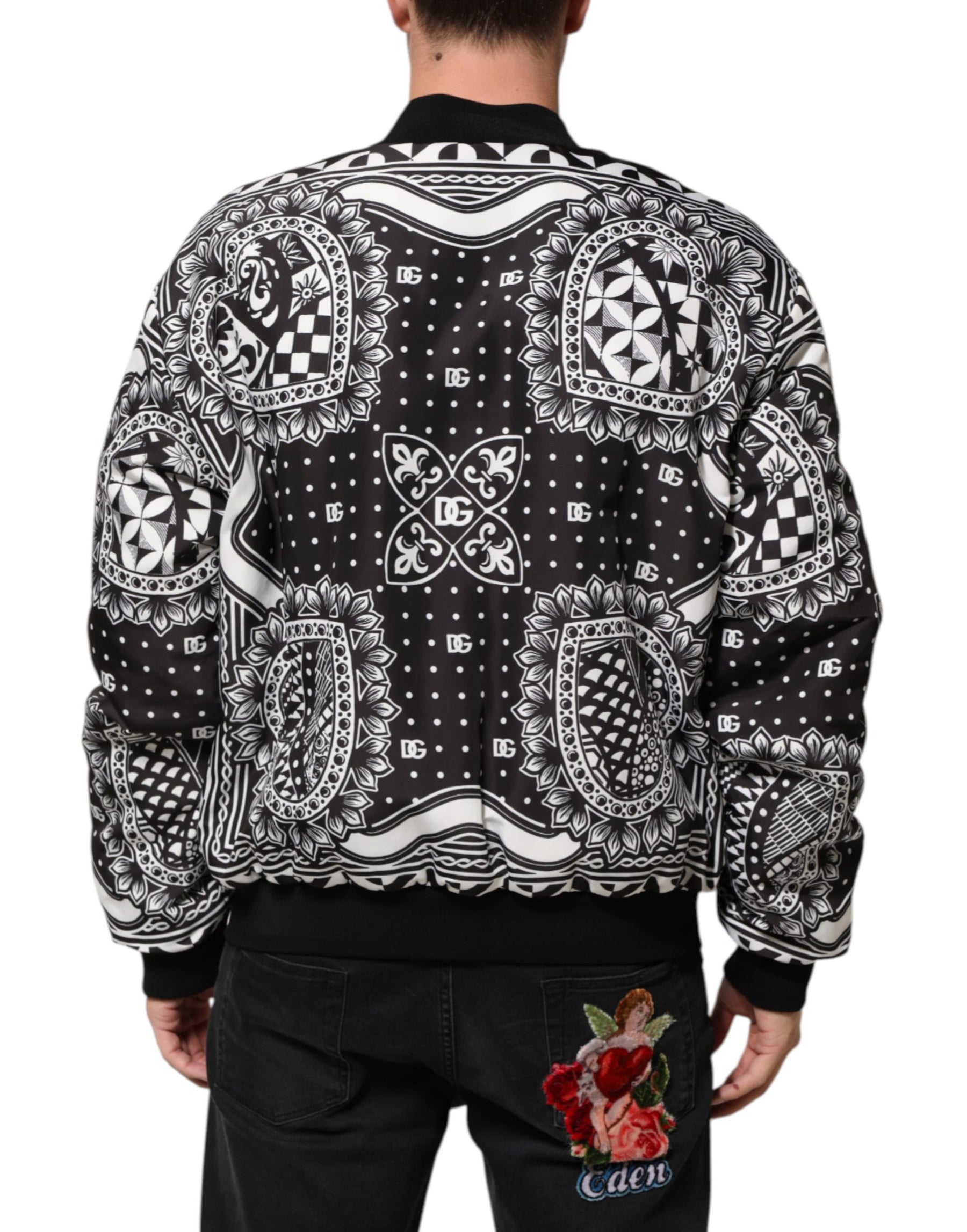 Dolce & Gabbana Black White BandanaPrint Men Bomber  Jacket | Regal Royce