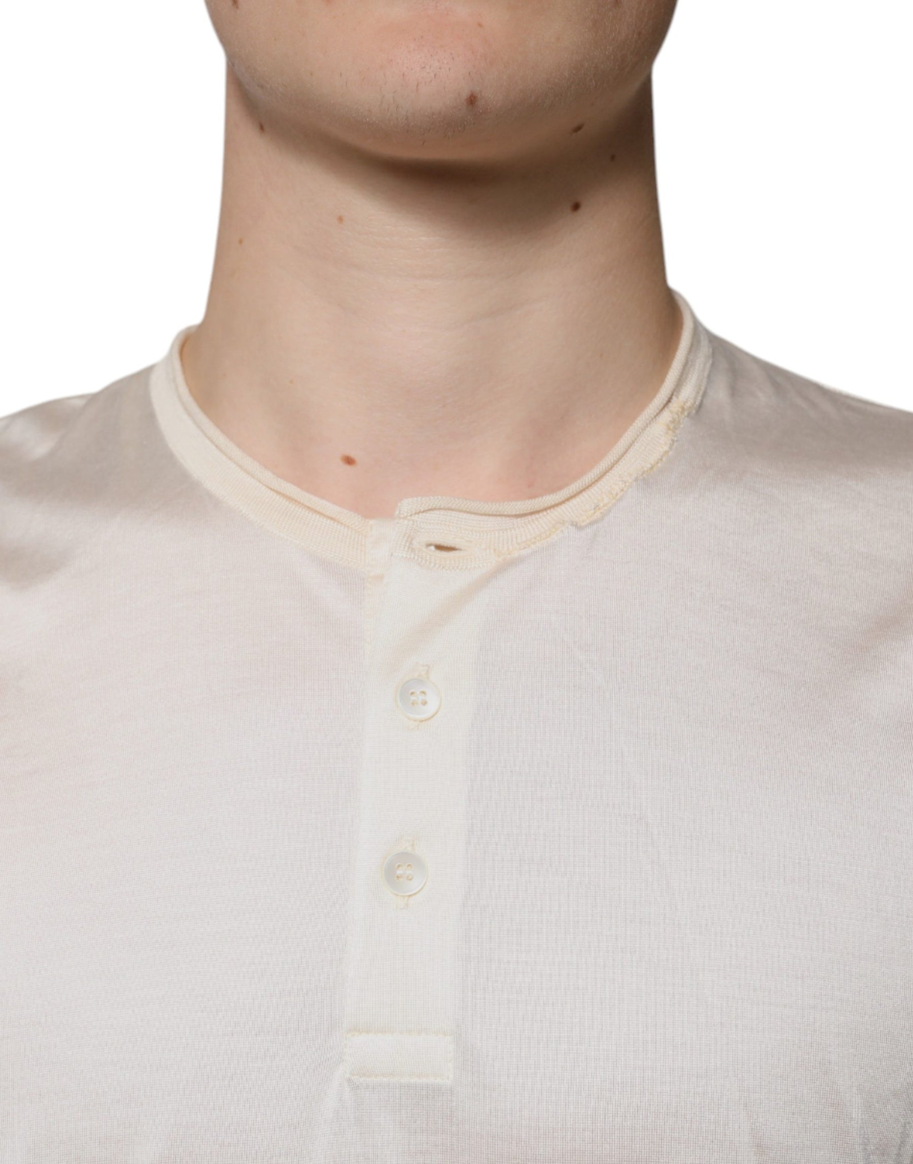 Dolce & Gabbana Off White Silk Henley Short Sleeves T-shirt | Regal Royce