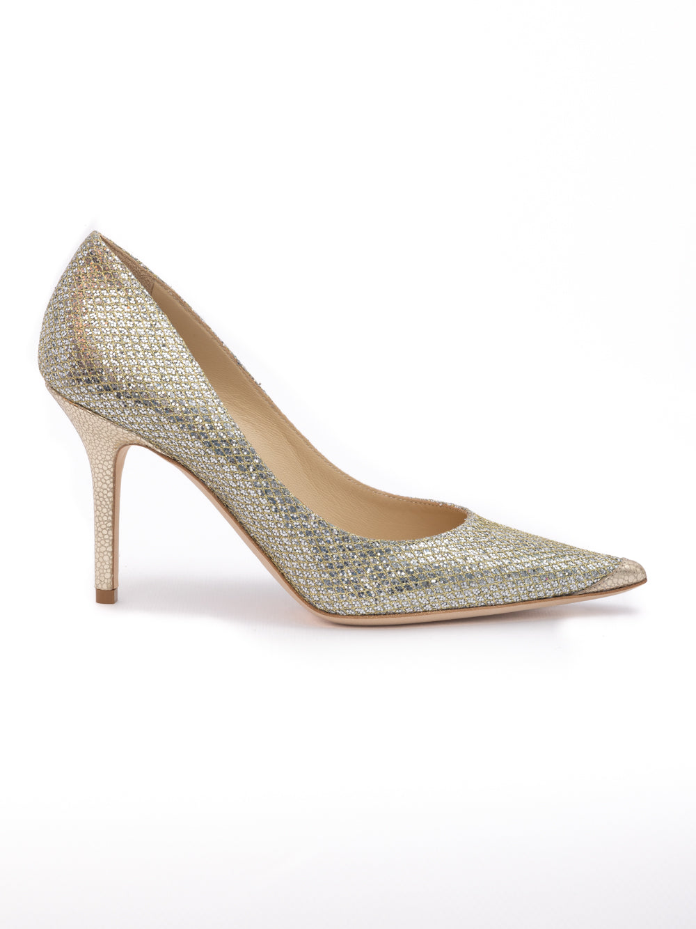 Jimmy Choo Gold Glitter Fabric Agnes Pumps | Regal Royce