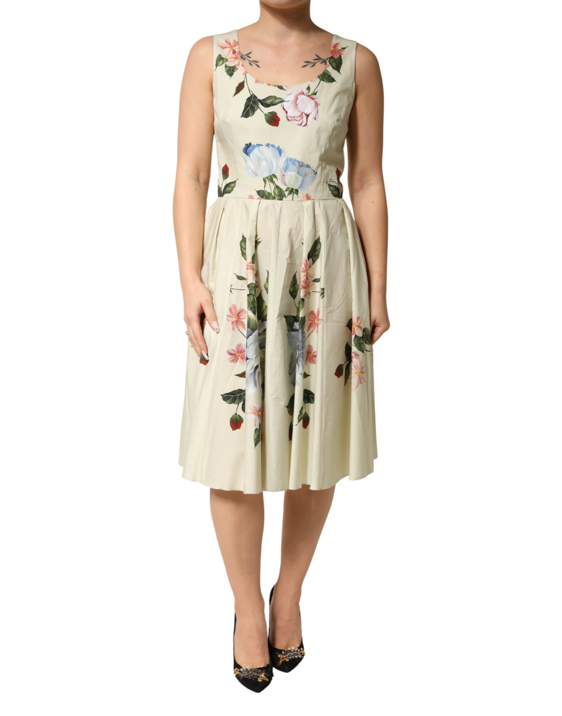 Dolce & Gabbana Beige Floral Sleeveless A-line Midi Dress | Regal Royce
