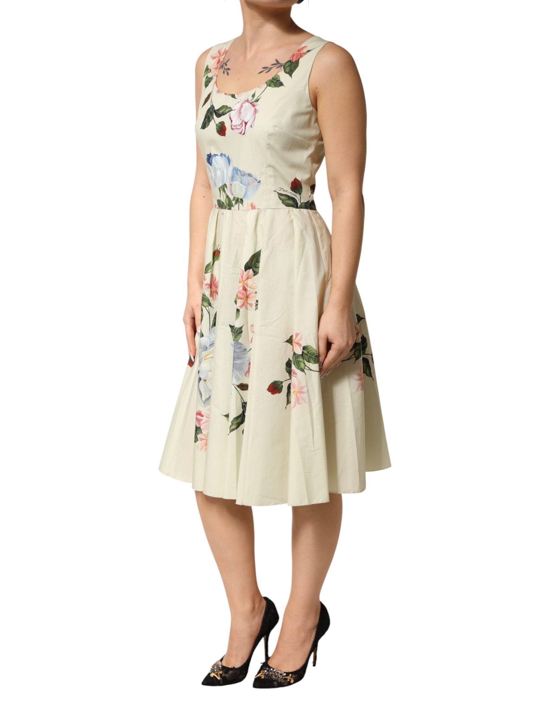 Dolce & Gabbana Beige Floral Sleeveless A-line Midi Dress | Regal Royce