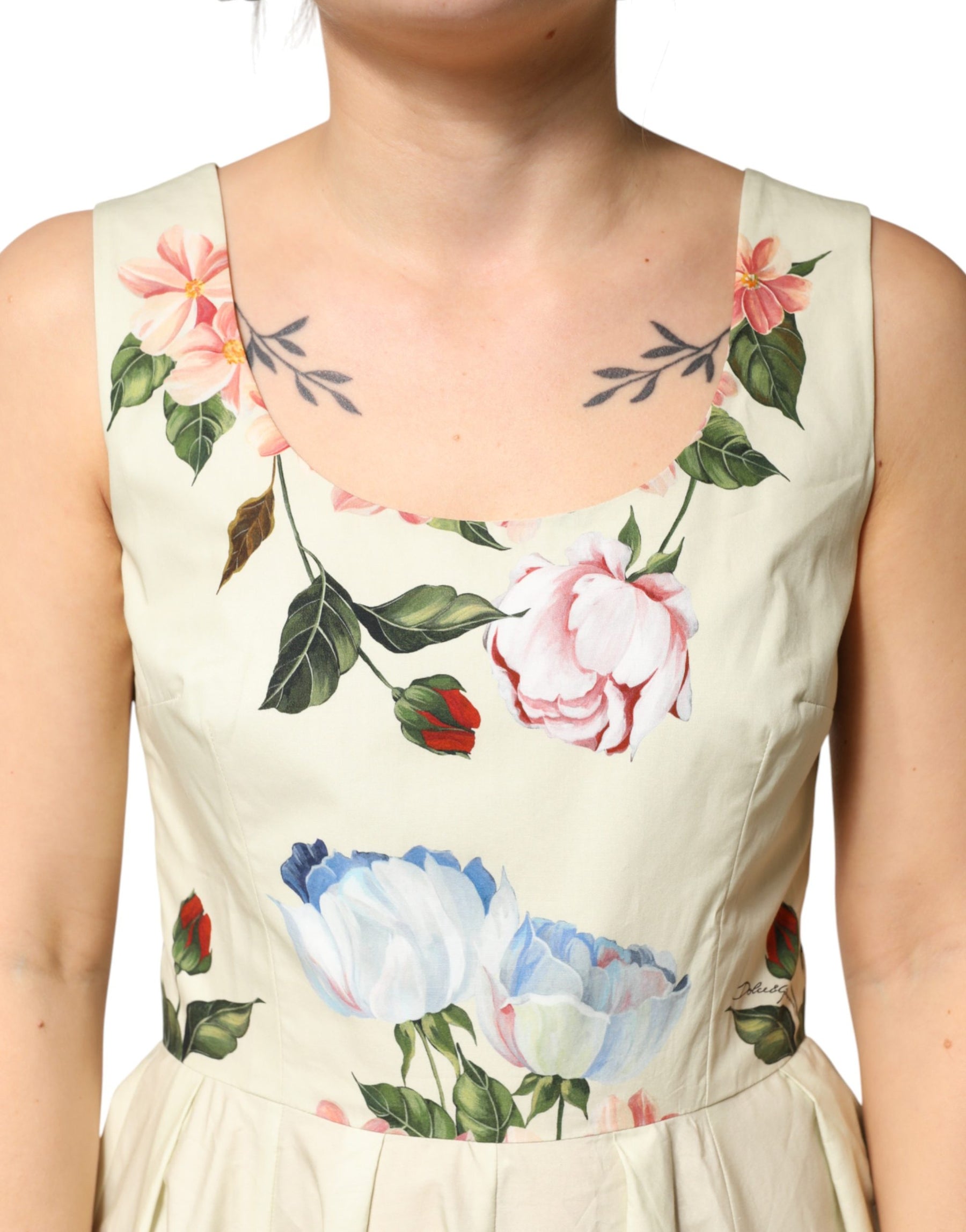 Dolce & Gabbana Beige Floral Sleeveless A-line Midi Dress | Regal Royce