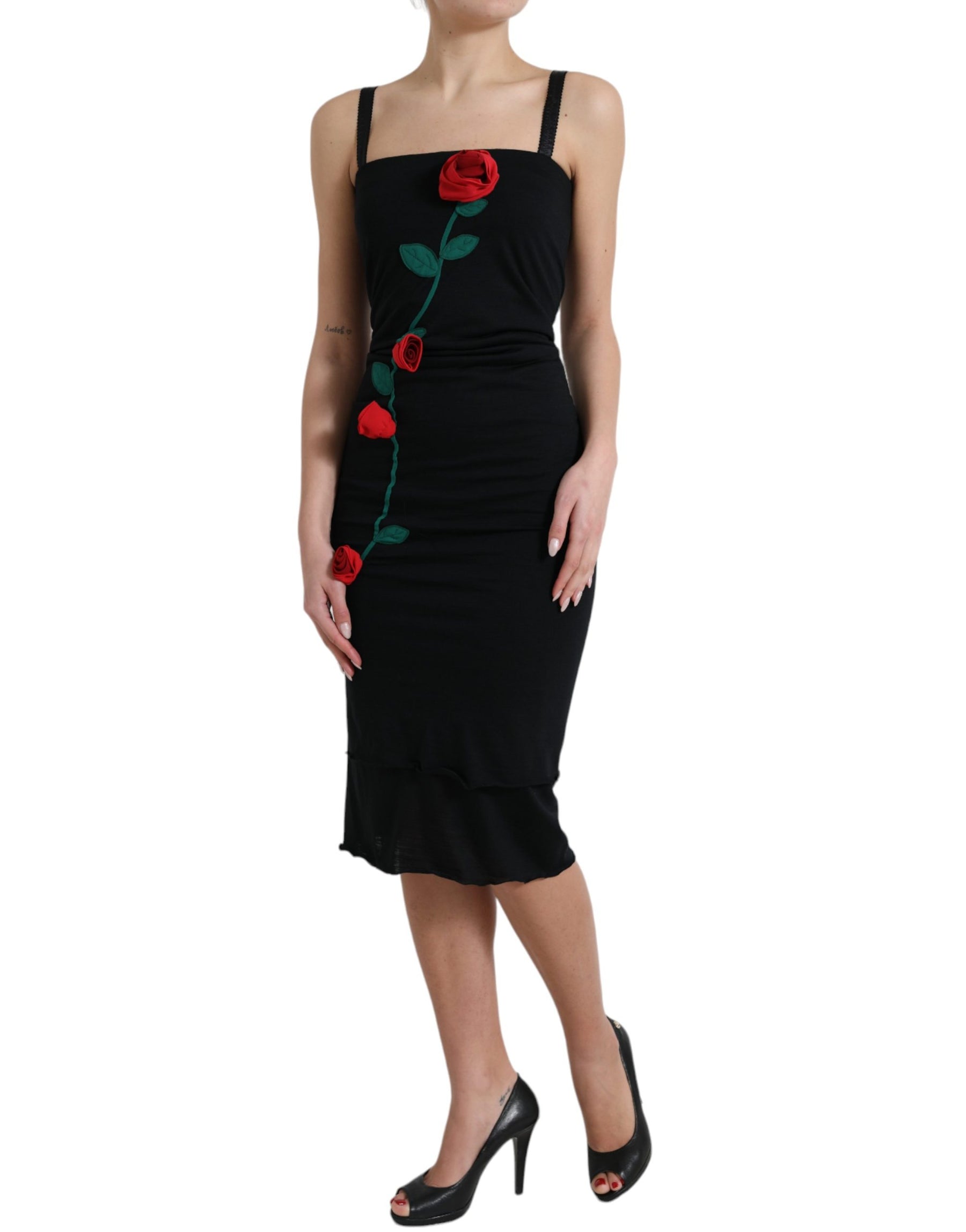 Dolce & Gabbana Black Wool Sleeveless Rose Applique Dress | Regal Royce