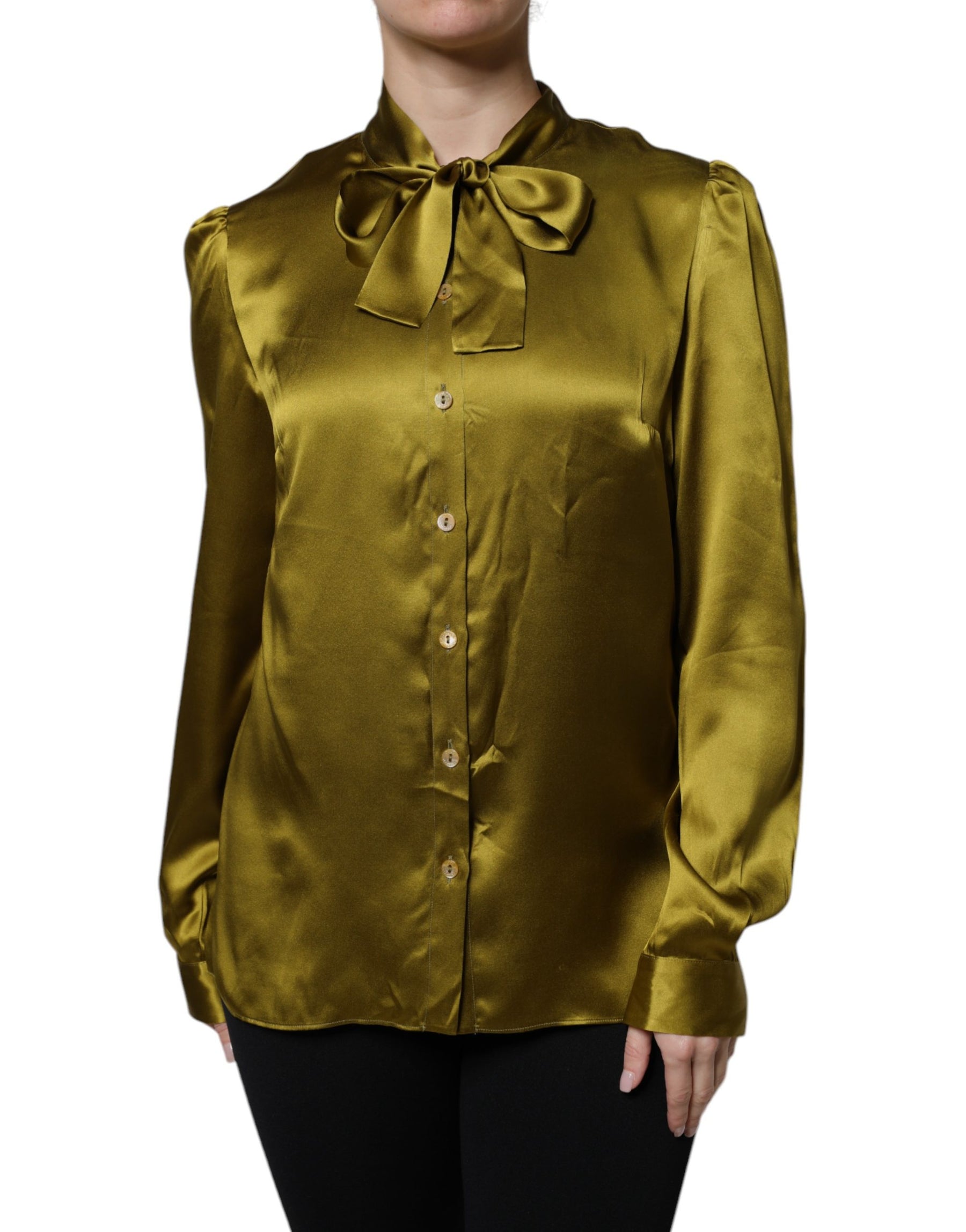 Dolce & Gabbana Green Satin Long Sleeve Ascot Tie Shirt Top | Regal Royce