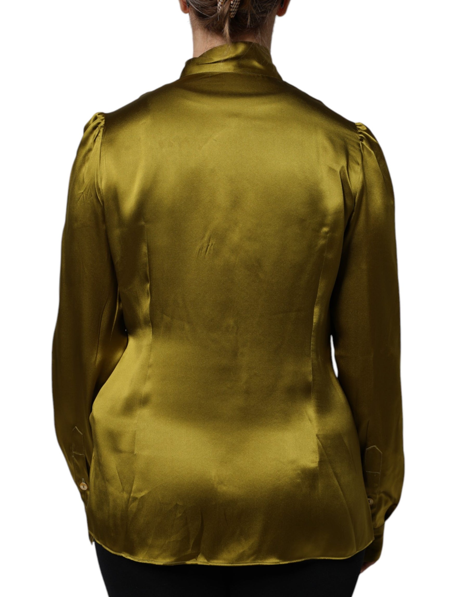 Dolce & Gabbana Green Satin Long Sleeve Ascot Tie Shirt Top | Regal Royce