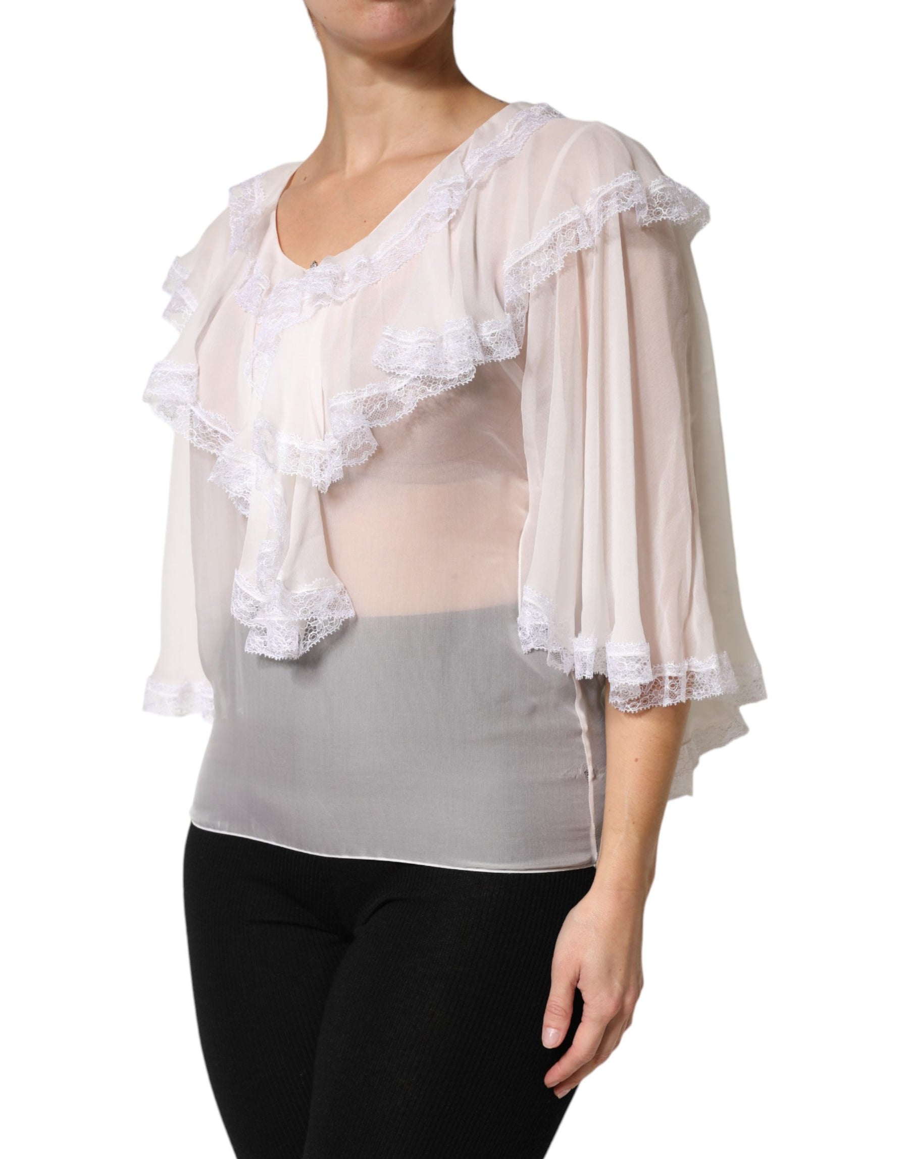 Dolce & Gabbana White LongSleeve Lace Trim Ruffled Blouse Top | Regal Royce
