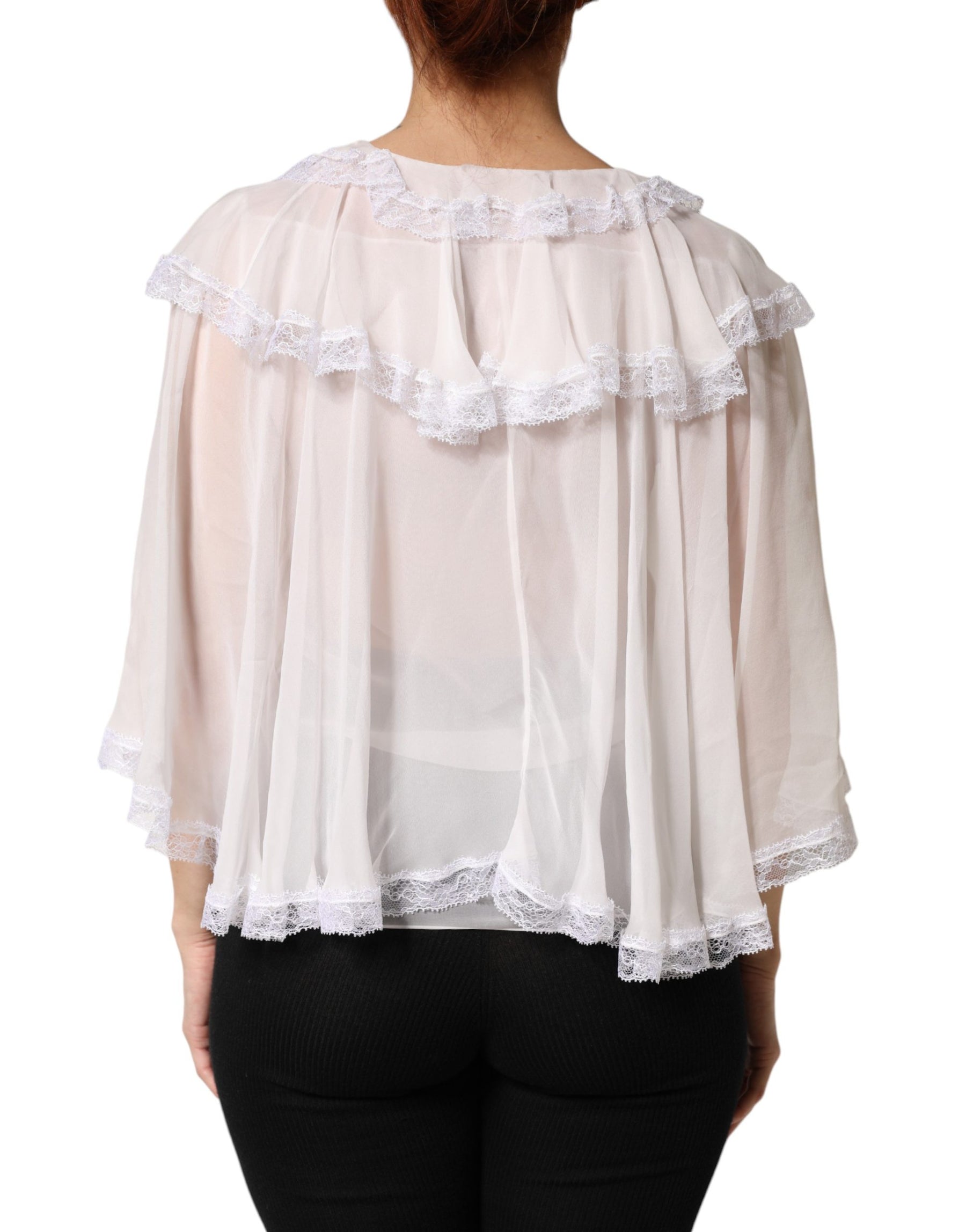 Dolce & Gabbana White LongSleeve Lace Trim Ruffled Blouse Top | Regal Royce
