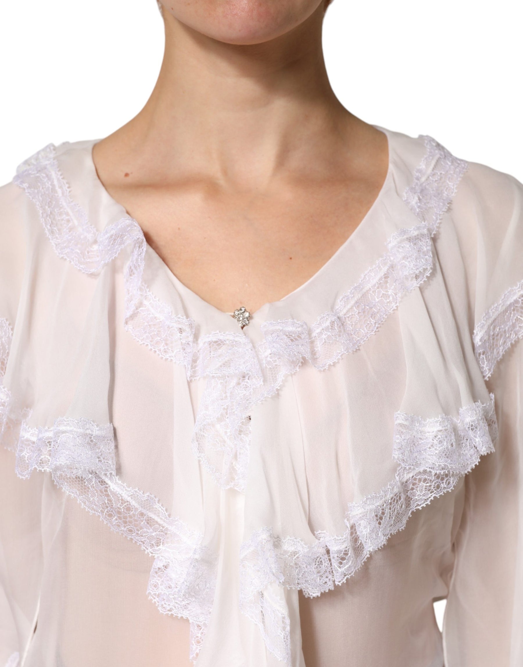 Dolce & Gabbana White LongSleeve Lace Trim Ruffled Blouse Top | Regal Royce