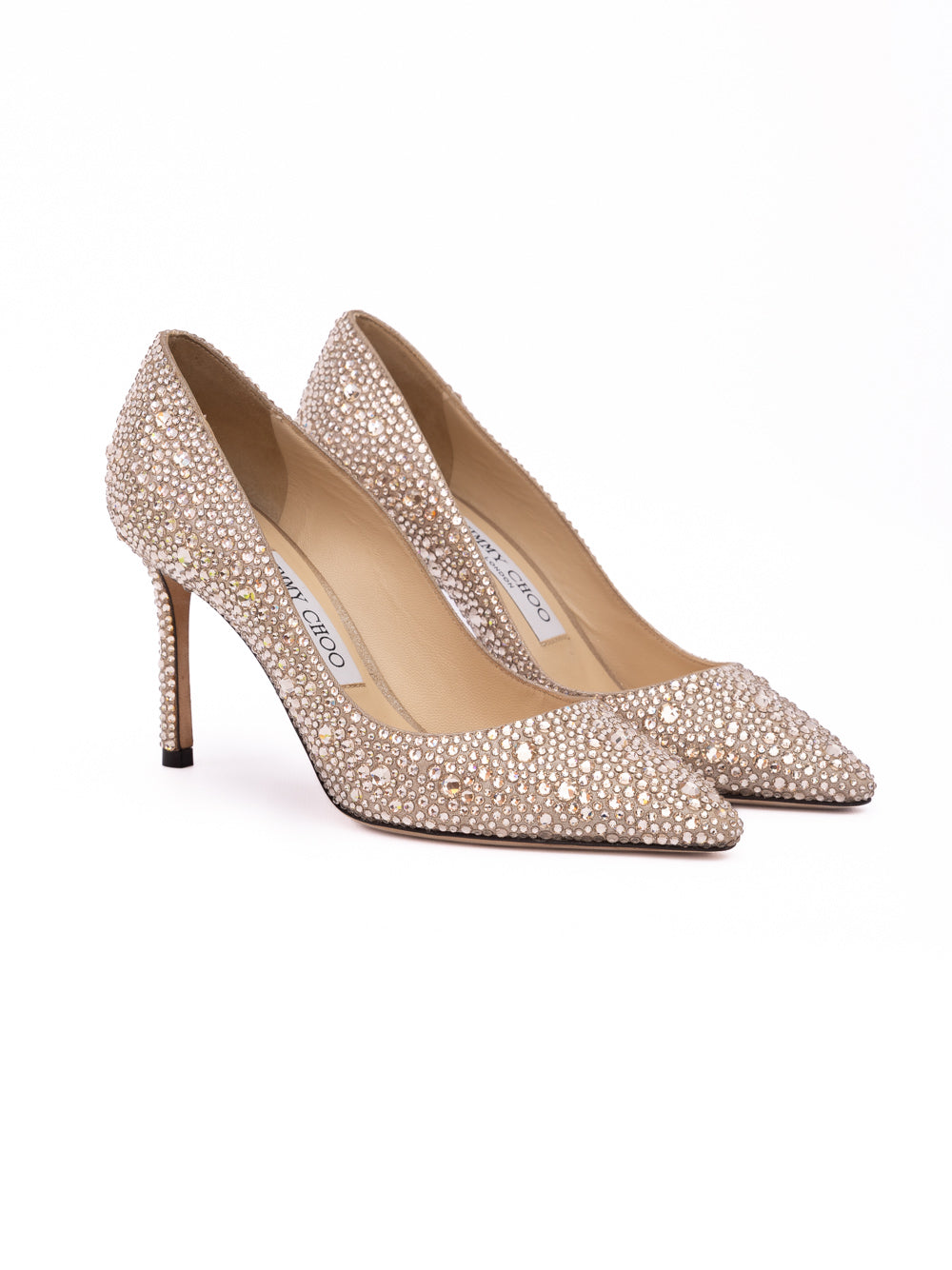 Jimmy Choo Honey Gold Shimmer Suede Crystals Romy 85 pumps | Regal Royce