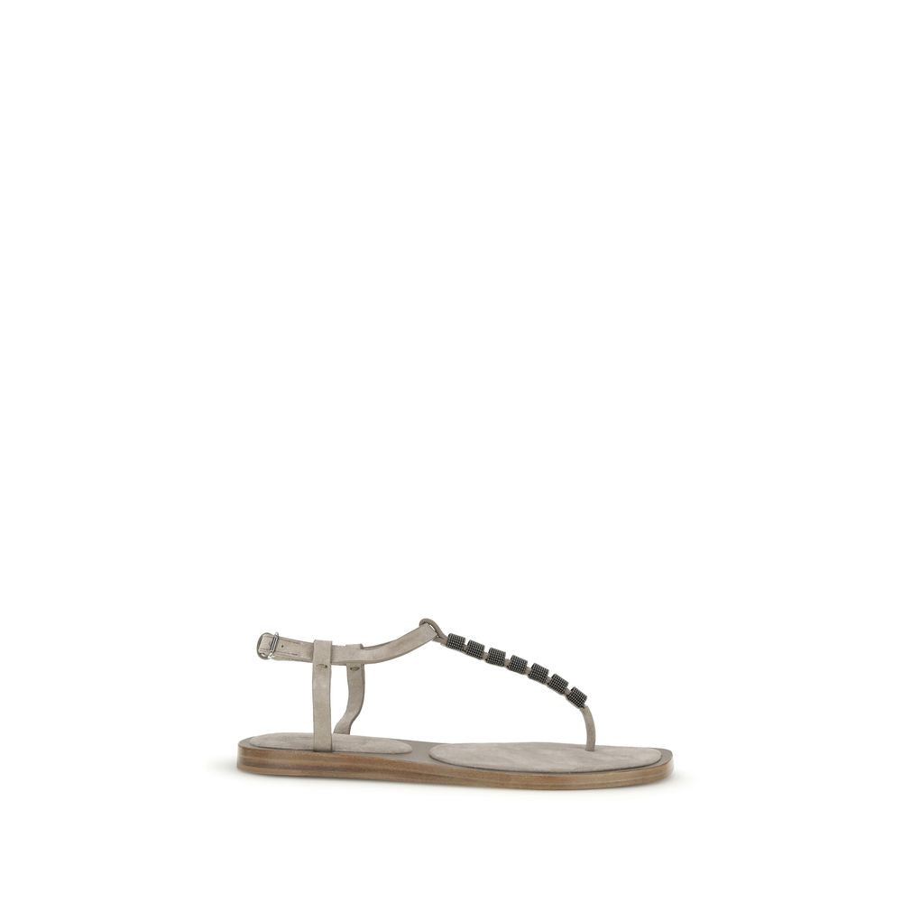 Brunello Cucinelli Beige Calf Leather Bos Taurus Flat Sandals | Regal Royce
