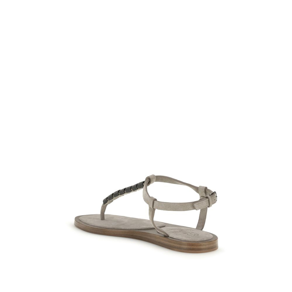 Brunello Cucinelli Beige Calf Leather Bos Taurus Flat Sandals | Regal Royce