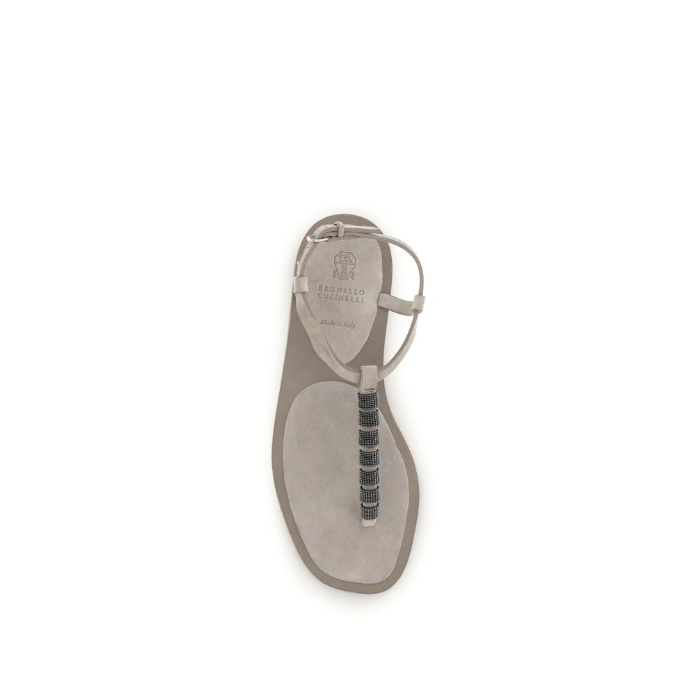 Brunello Cucinelli Beige Calf Leather Bos Taurus Flat Sandals | Regal Royce