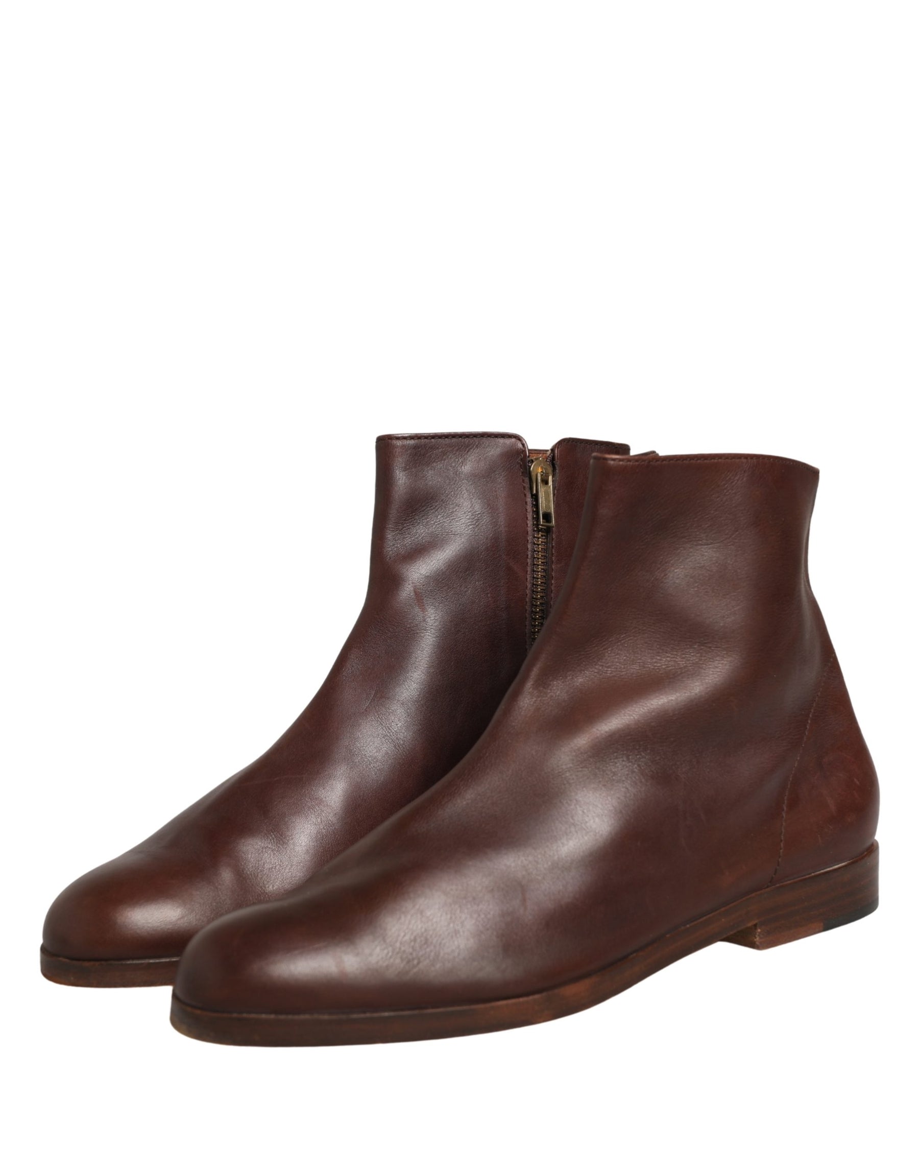 Dolce & Gabbana Brown Leather Flats Biker Ankle Boots Shoes | Regal Royce