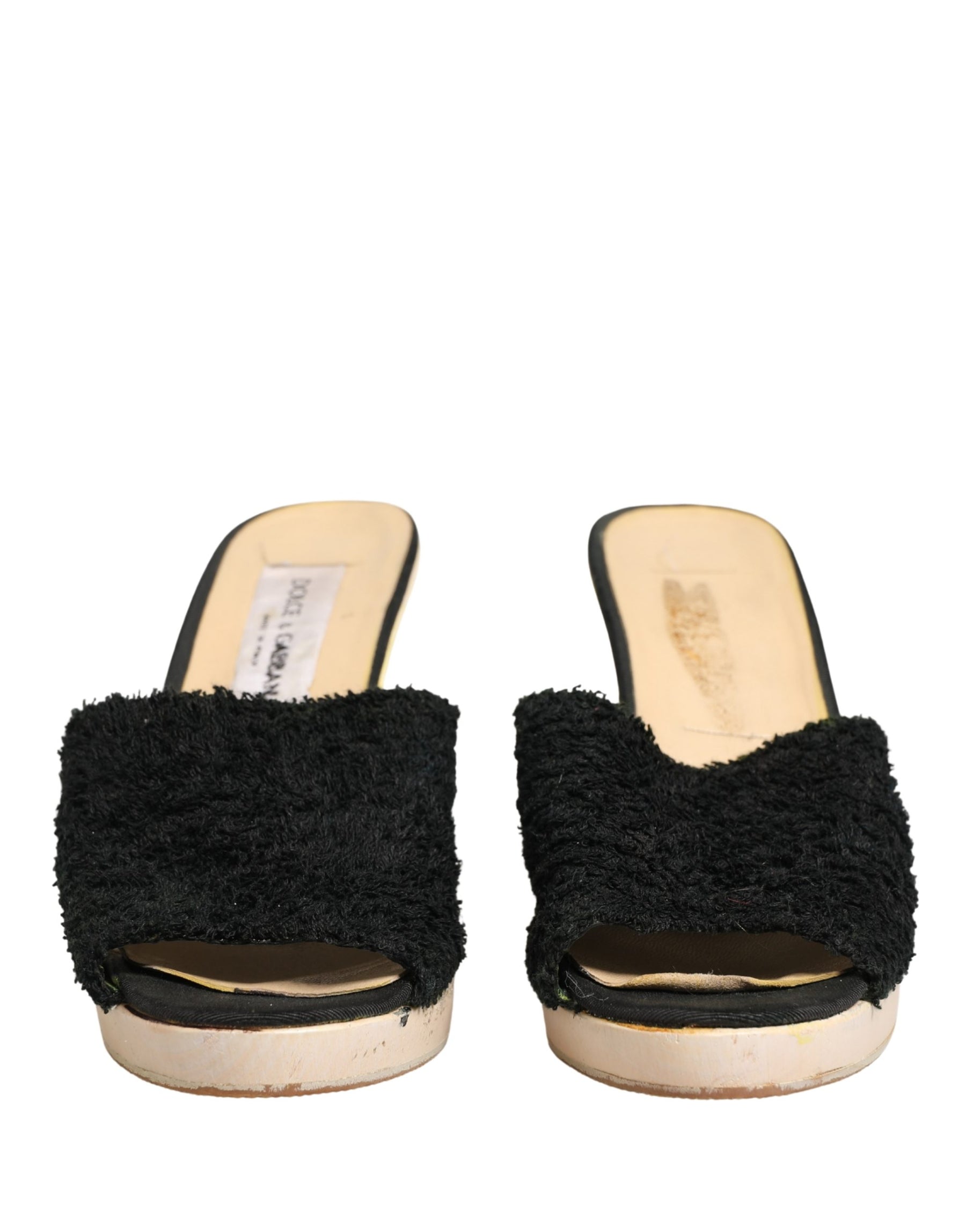 Dolce & Gabbana Black Fabric Fur Mule Wood Platform Heel Shoes | Regal Royce