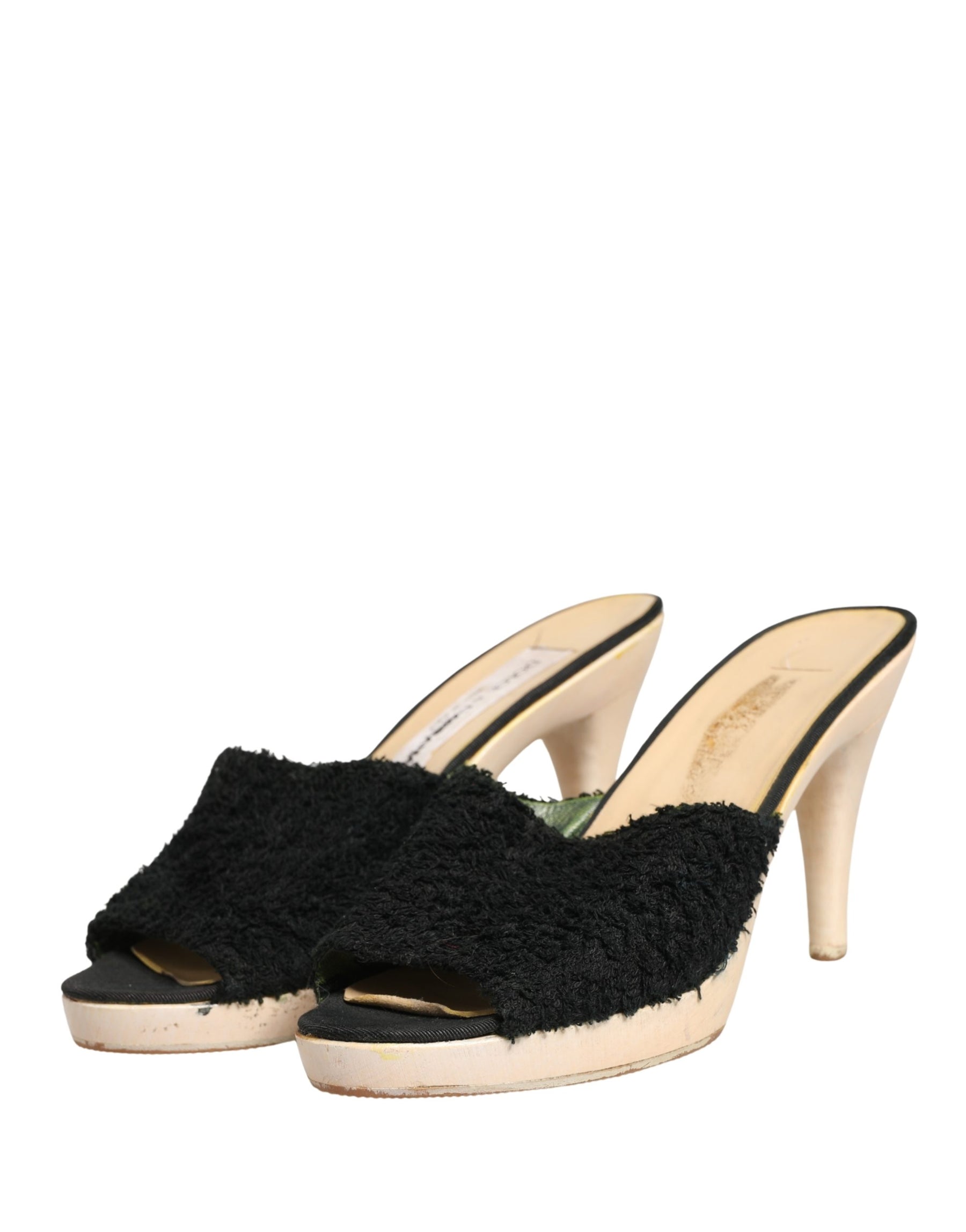 Dolce & Gabbana Black Fabric Fur Mule Wood Platform Heel Shoes | Regal Royce
