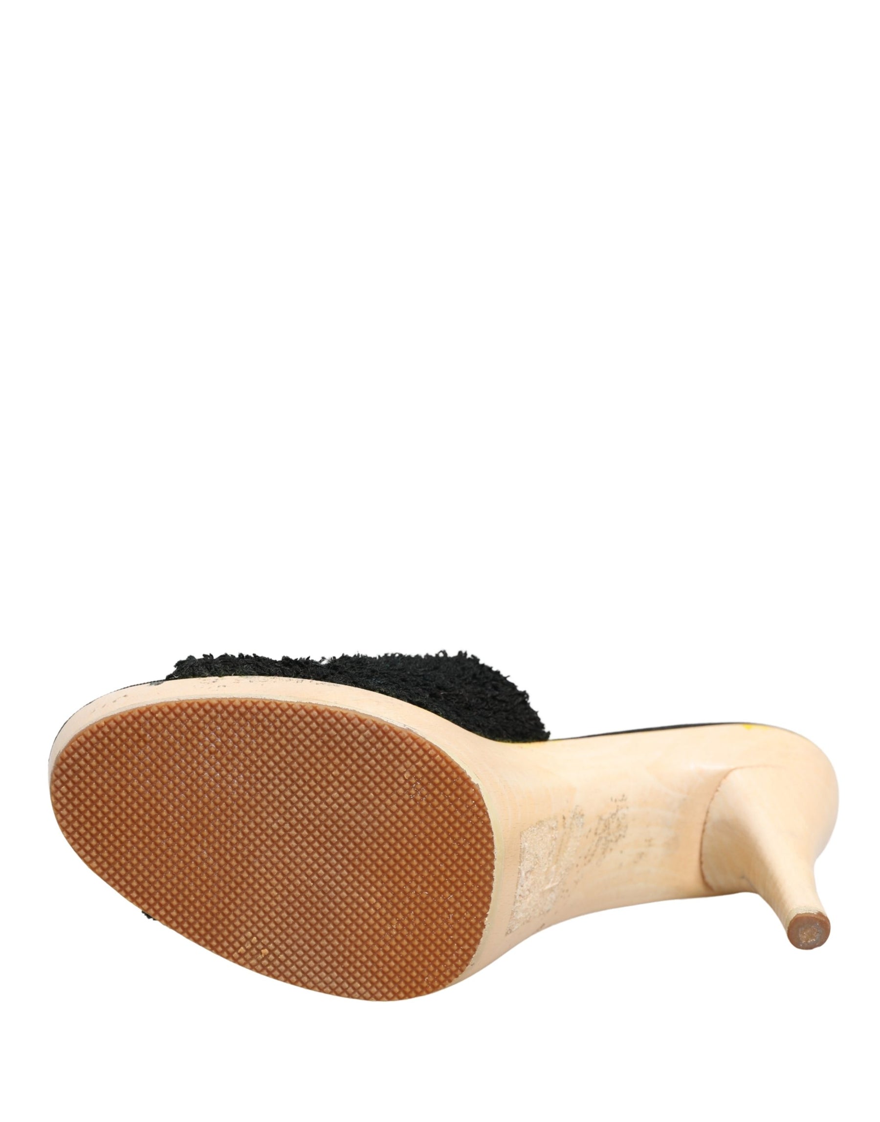 Dolce & Gabbana Black Fabric Fur Mule Wood Platform Heel Shoes | Regal Royce