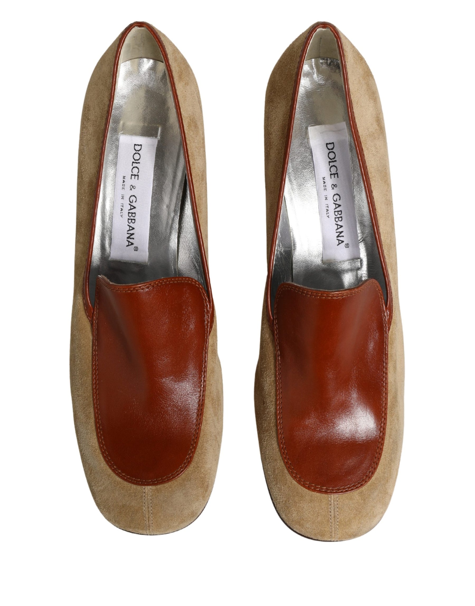 Dolce & Gabbana Beige Leather Suede Block Heel Loafers Shoes | Regal Royce