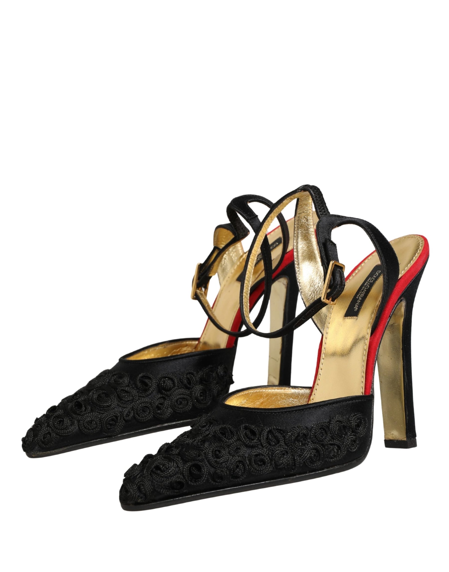 Dolce & Gabbana Black Satin Floral Ankle Strap Sandals Shoes | Regal Royce