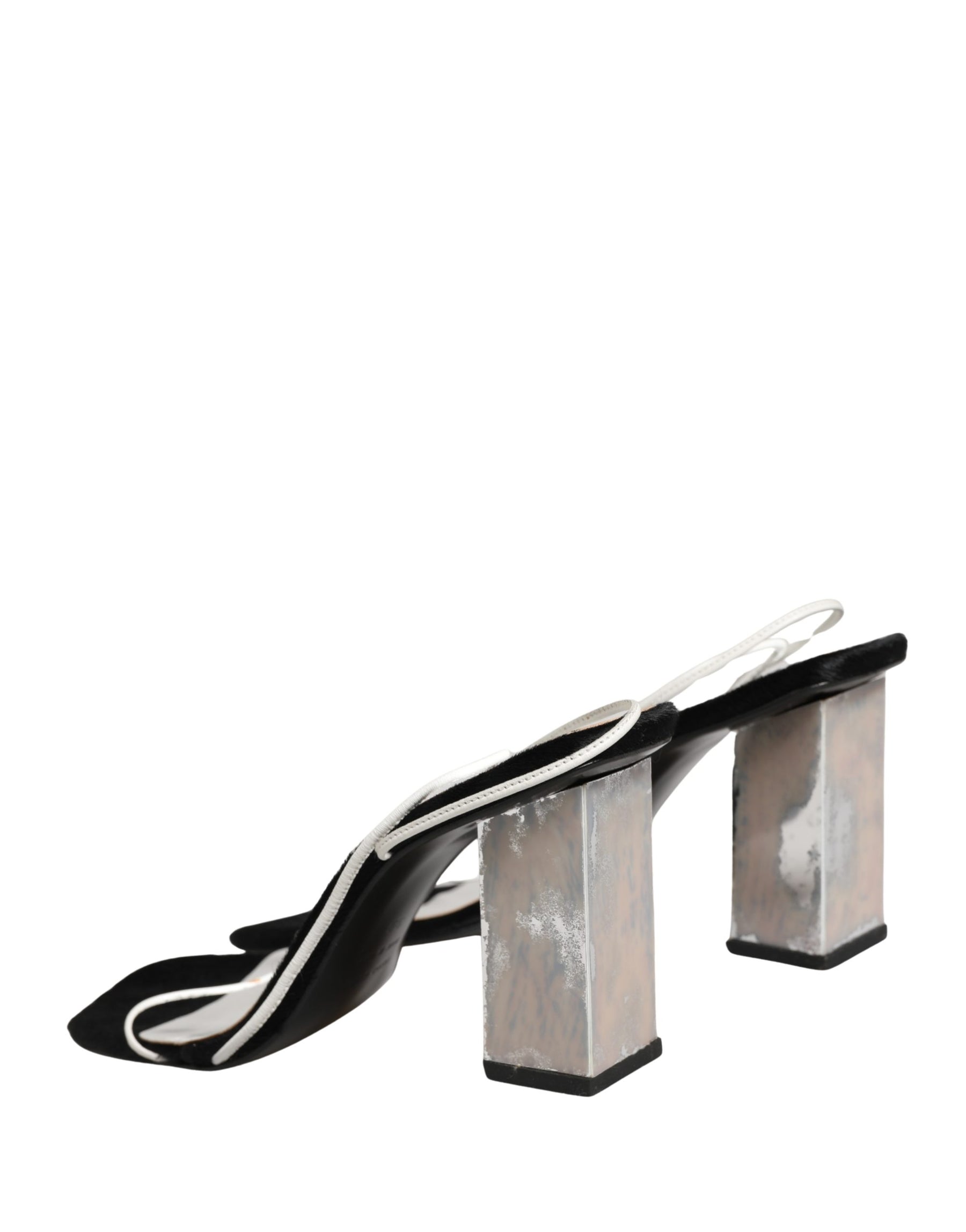 Dolce & Gabbana Silver Black Leather Block Heels Sandals Shoes | Regal Royce