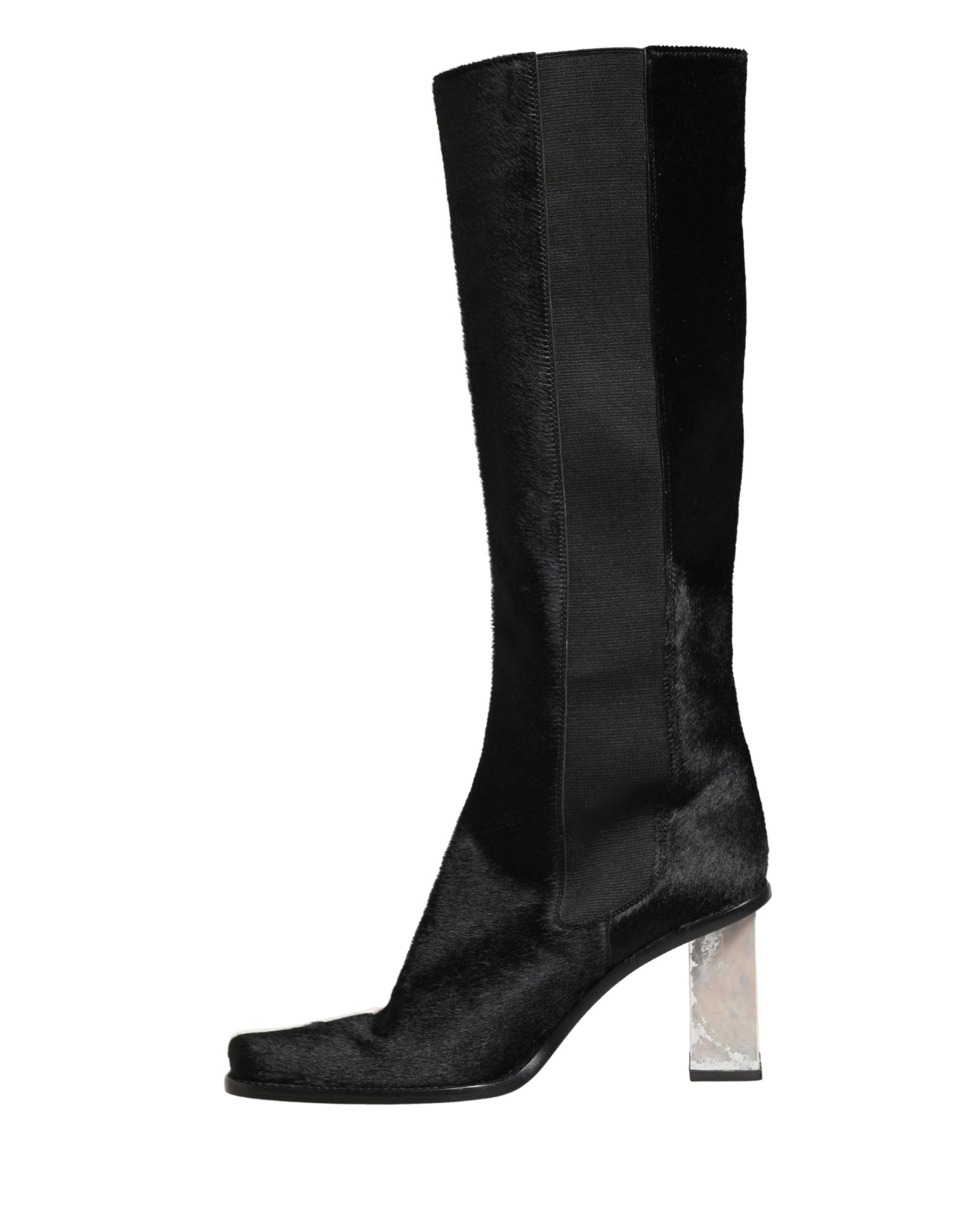 Dolce & Gabbana White Black Leather Knee High Boots Shoes | Regal Royce