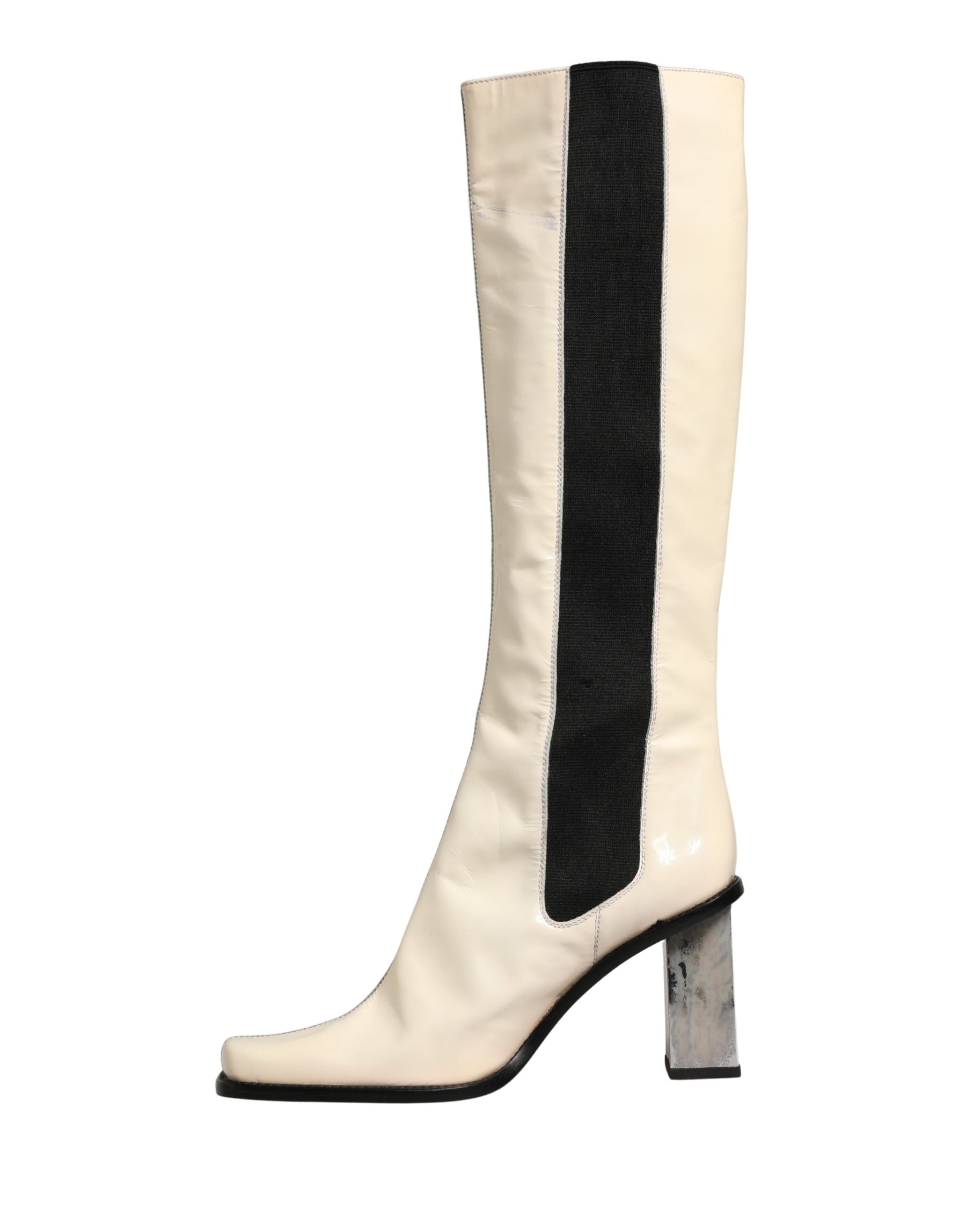 Dolce & Gabbana White Black Leather Knee High Boots Shoes | Regal Royce