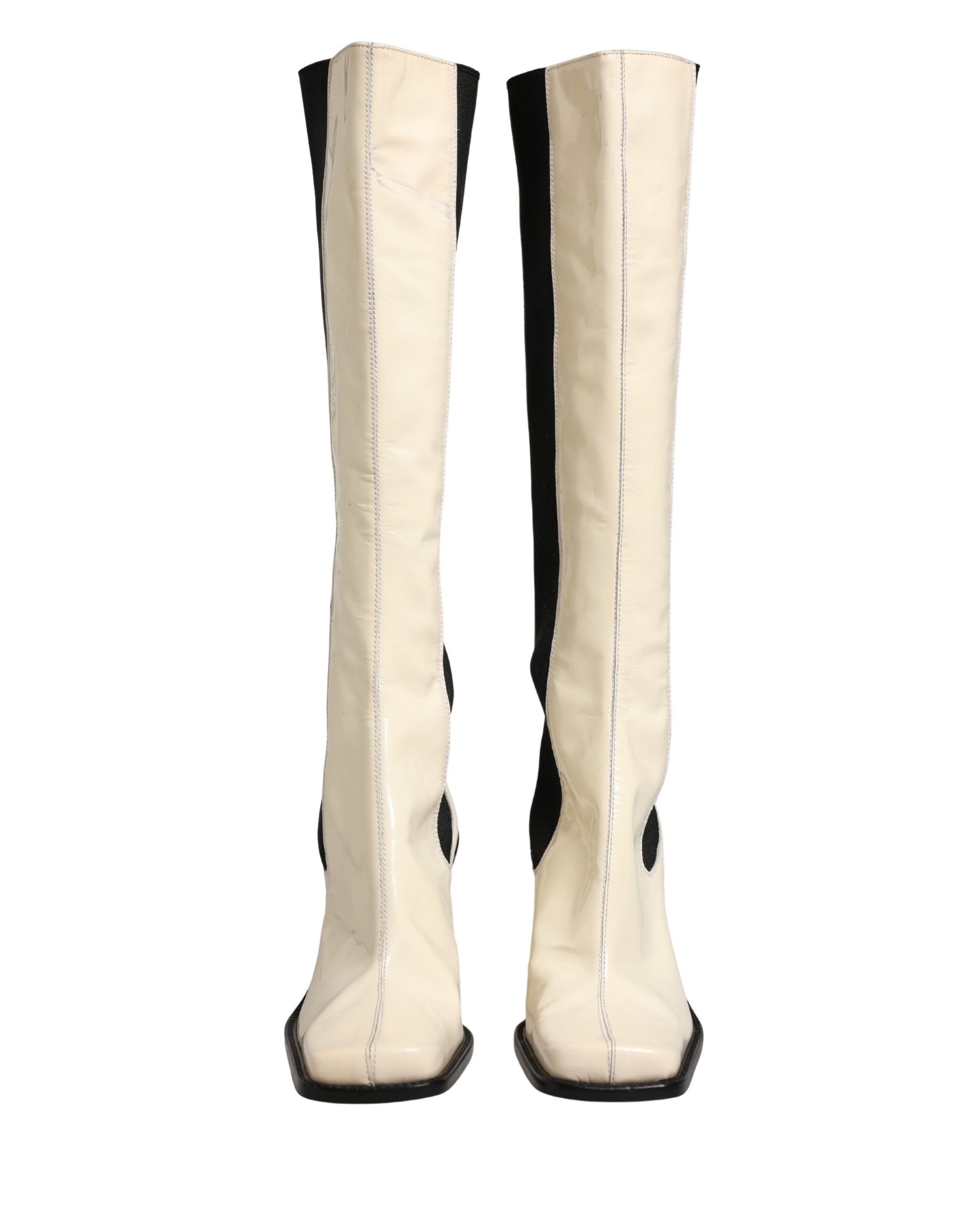 Dolce & Gabbana White Black Leather Knee High Boots Shoes | Regal Royce