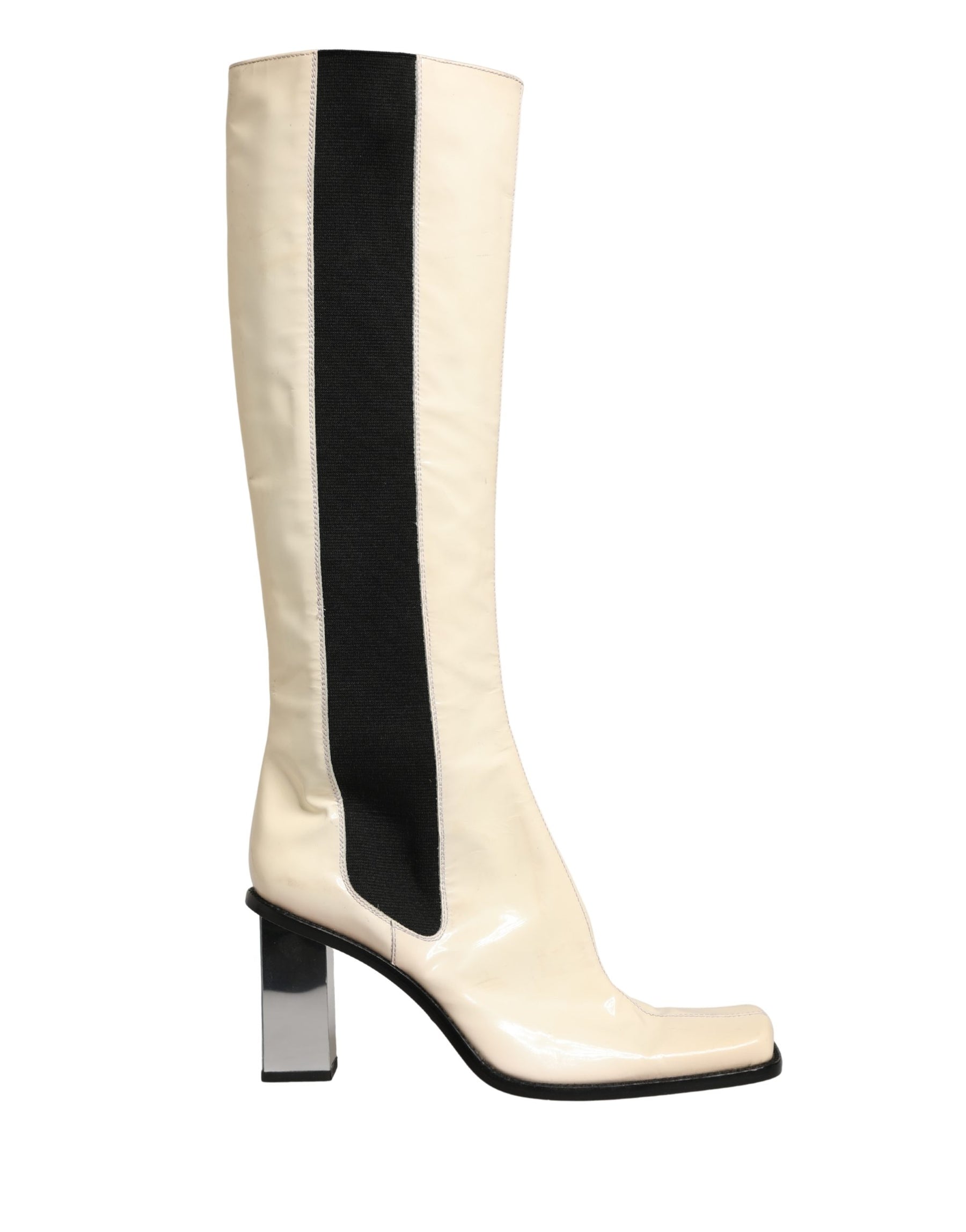 Dolce & Gabbana White Black Leather Knee High Boots Shoes | Regal Royce
