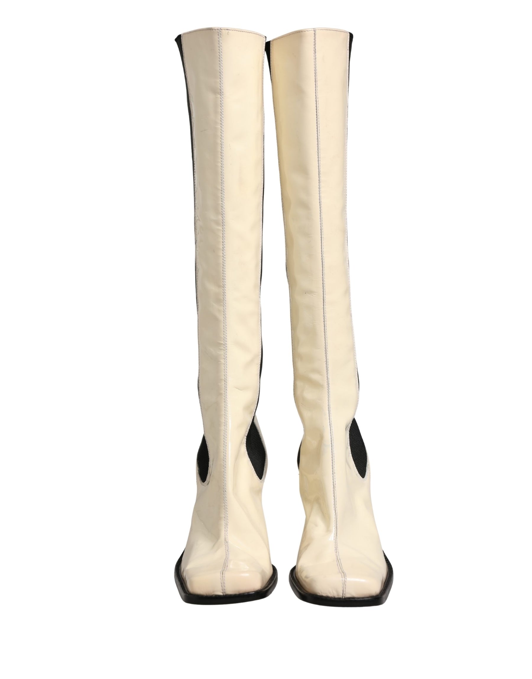 Dolce & Gabbana White Black Leather Knee High Boots Shoes | Regal Royce