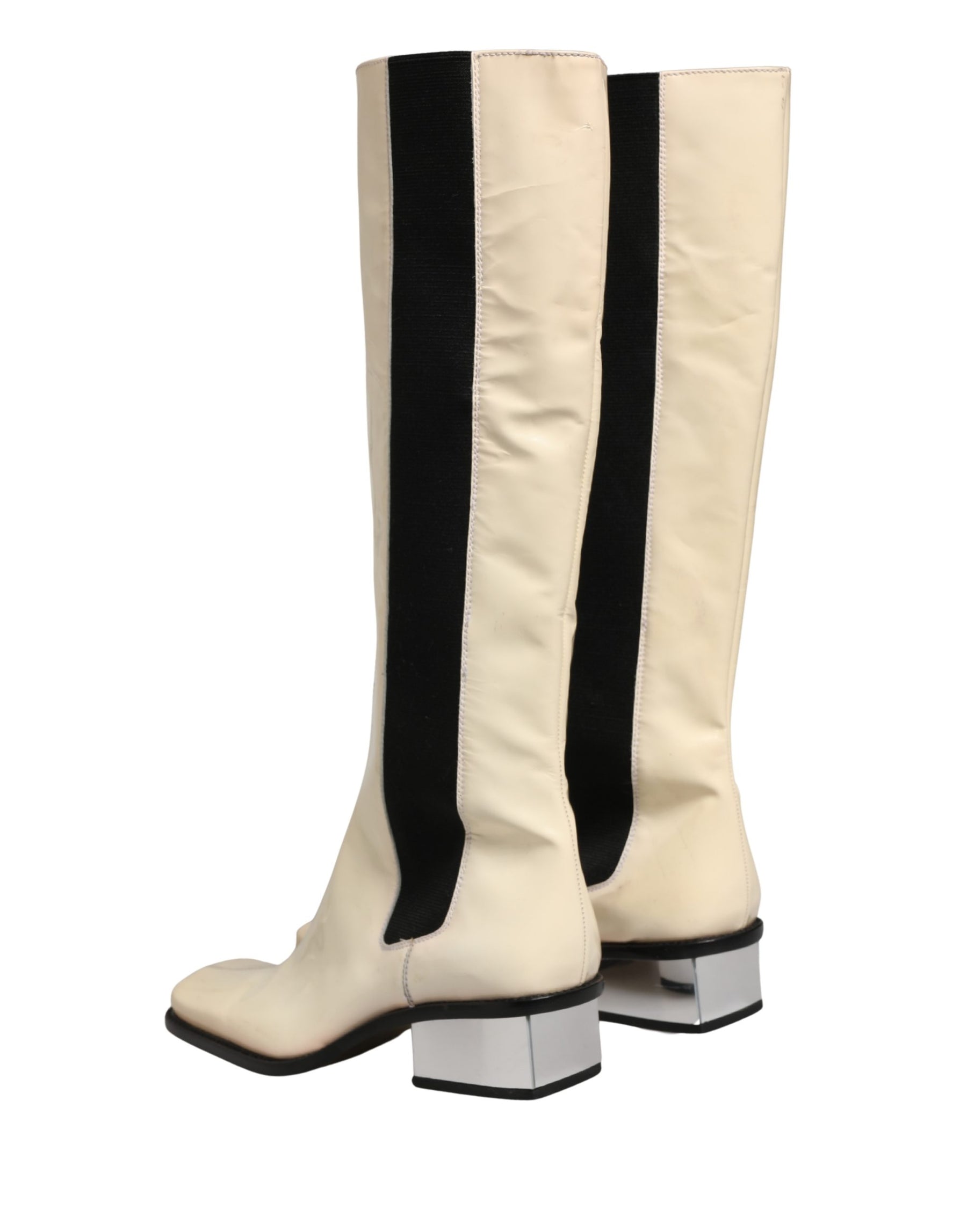 Dolce & Gabbana White Black Leather Knee High Boots Shoes | Regal Royce