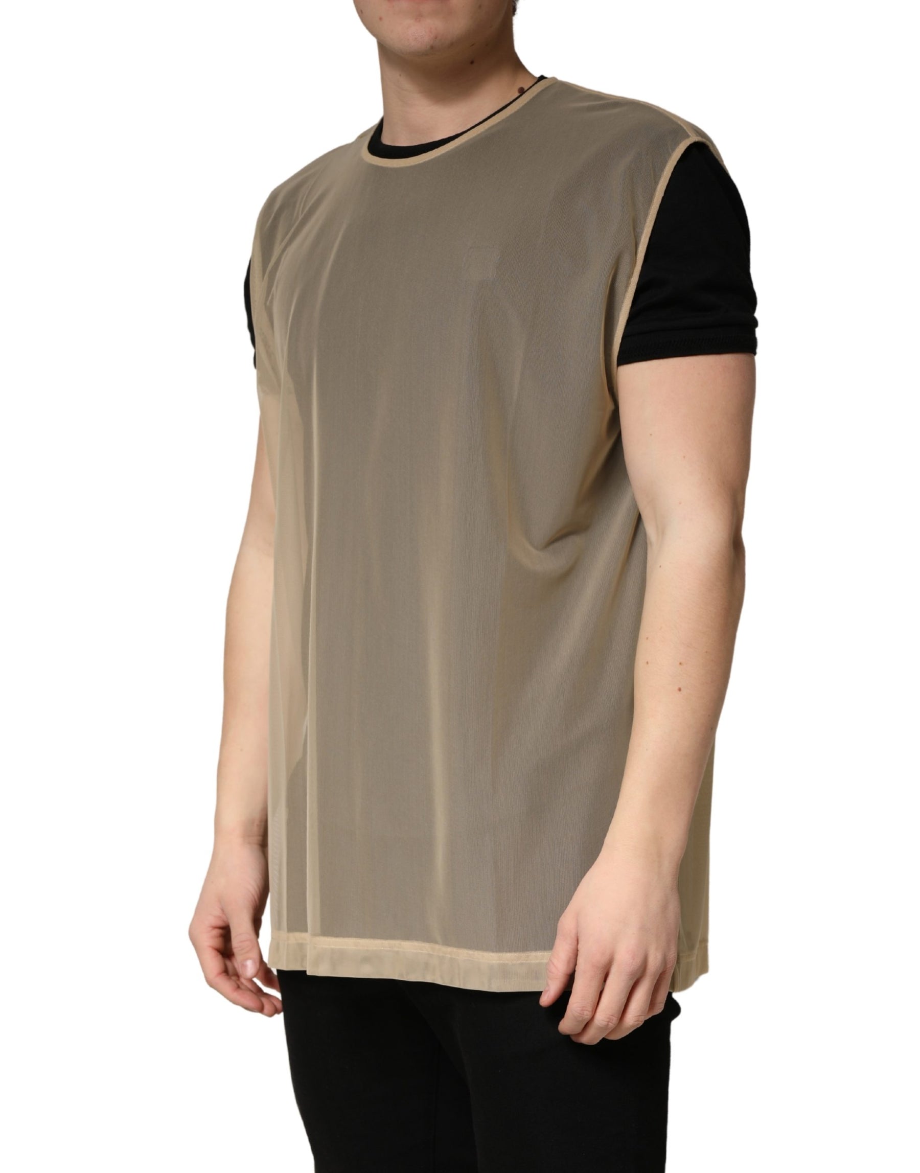 Dolce & Gabbana Beige Crew Neck Sleeveless Mesh Top  T-shirt | Regal Royce