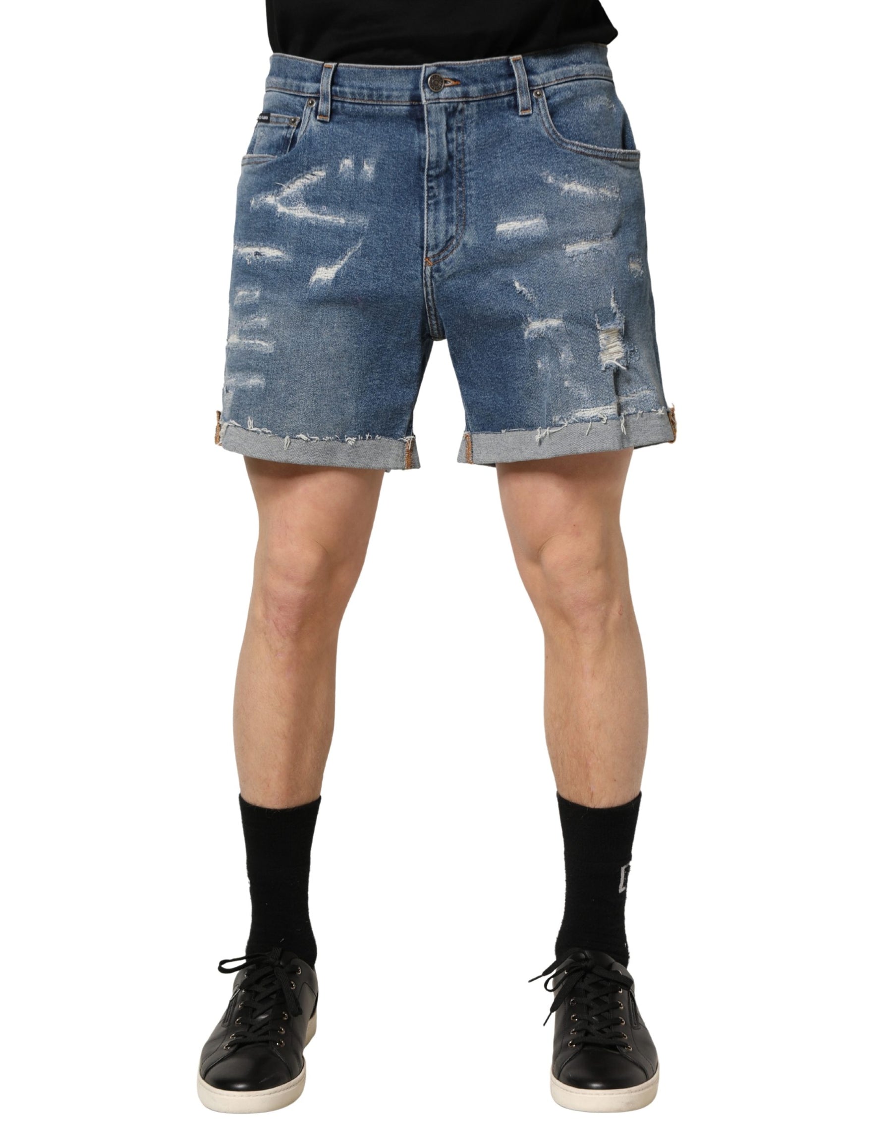 Dolce & Gabbana Blue Cotton Distressed Denim Bermuda Shorts | Regal Royce
