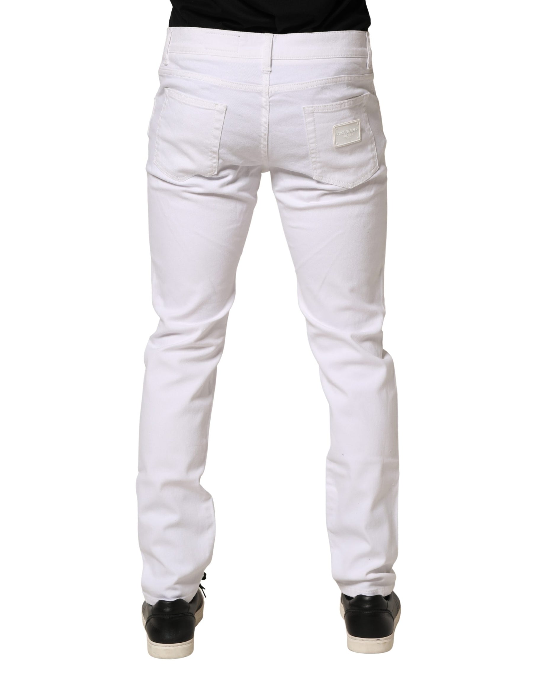 Dolce & Gabbana White Cotton Tattered Men Slim Fit Denim Jeans | Regal Royce