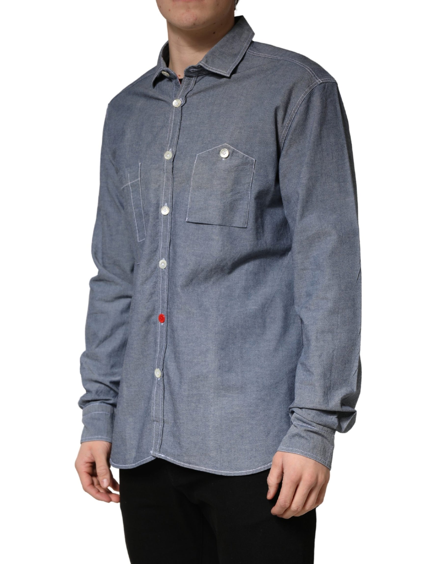 AGLINI Dark Blue Slim Fit Collared Long Sleeve Denim Shirt | Regal Royce