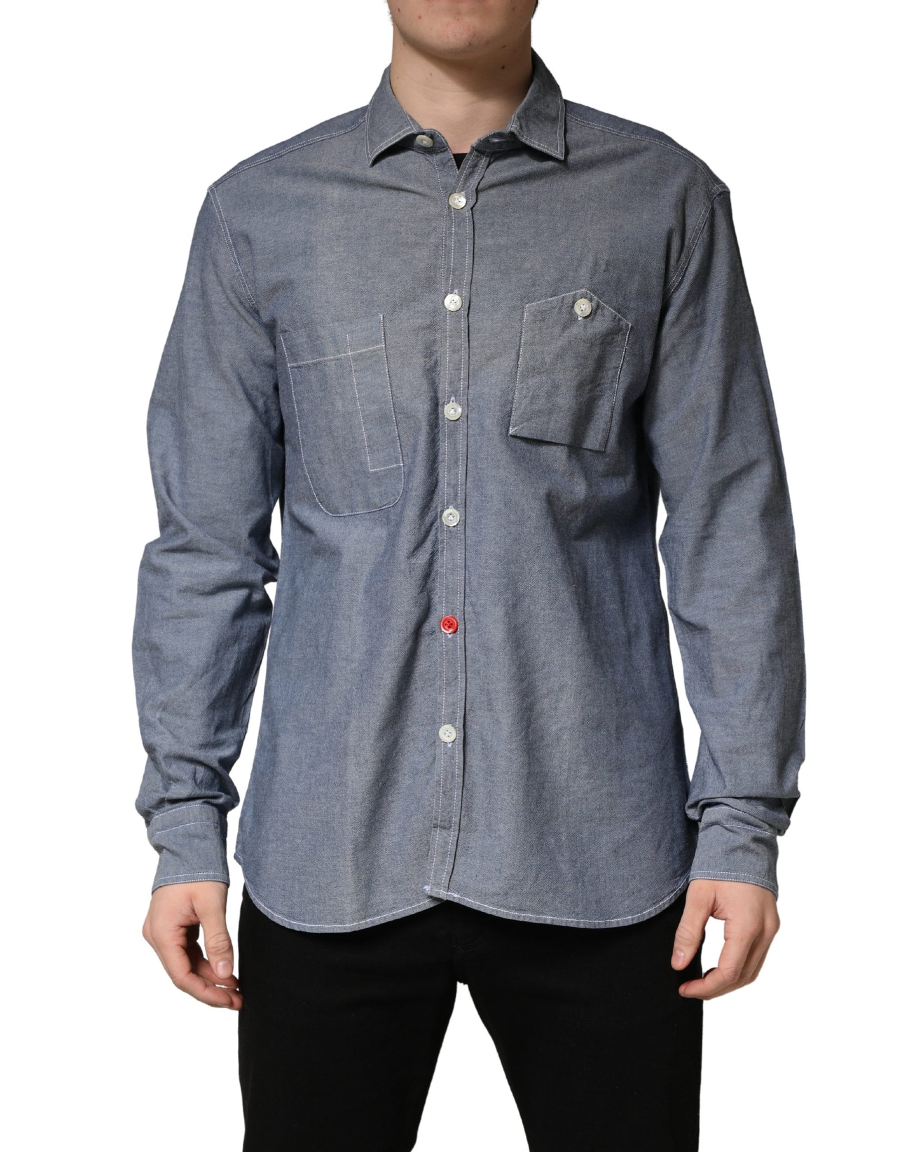 AGLINI Dark Blue Slim Fit Collared Long Sleeve Denim Shirt | Regal Royce
